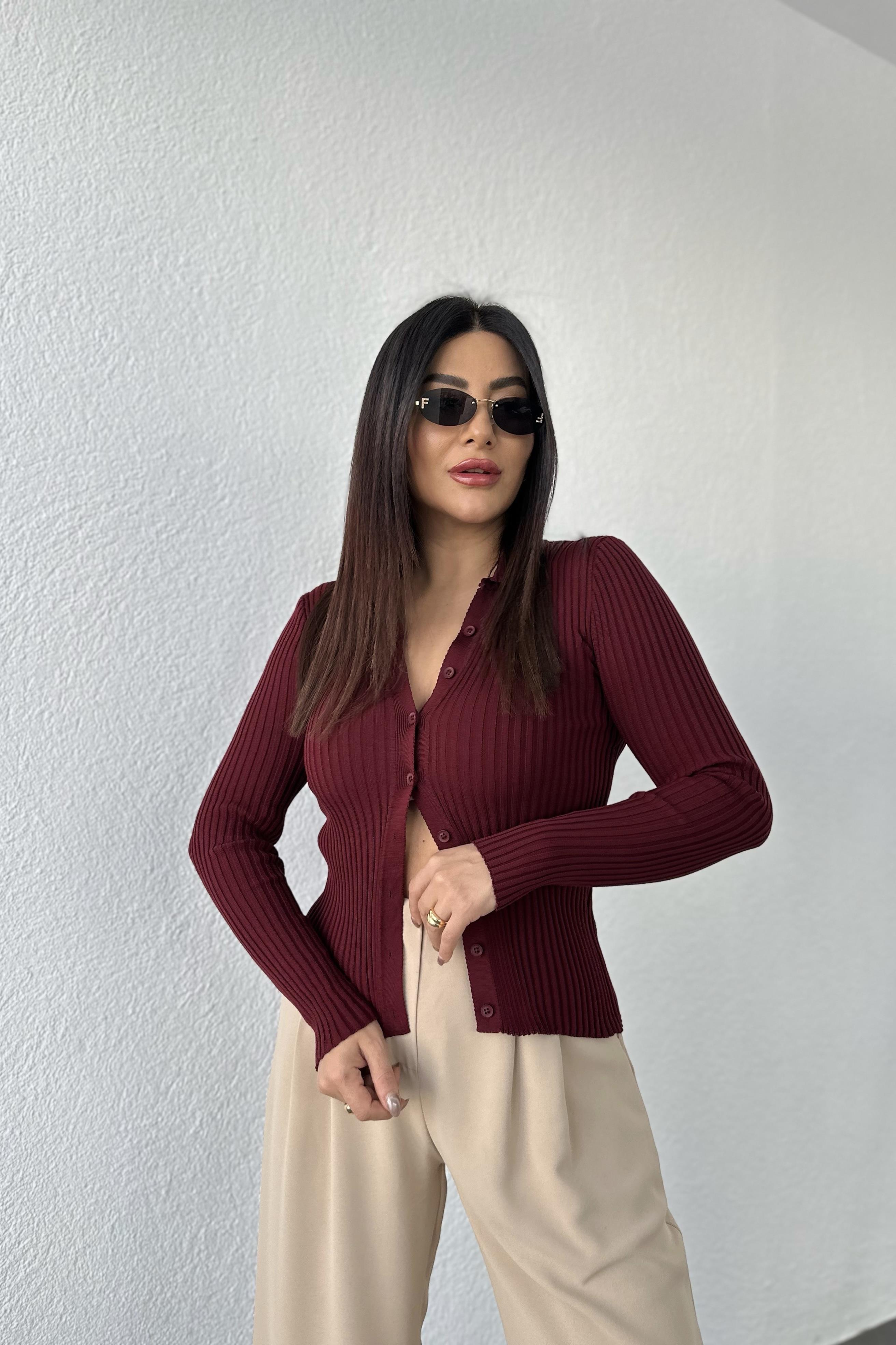 Bordo Önden Düğmeli Çelik Triko Hırka