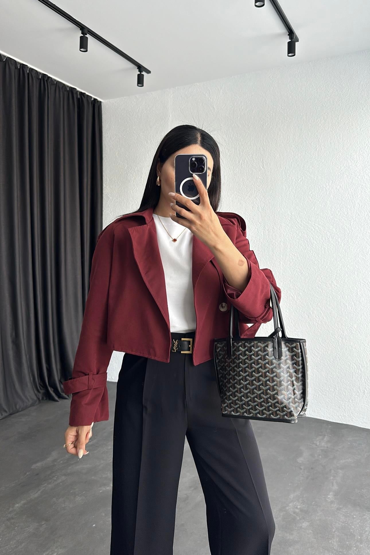 Bordo Renk Astarlı Kısa Trençkot 