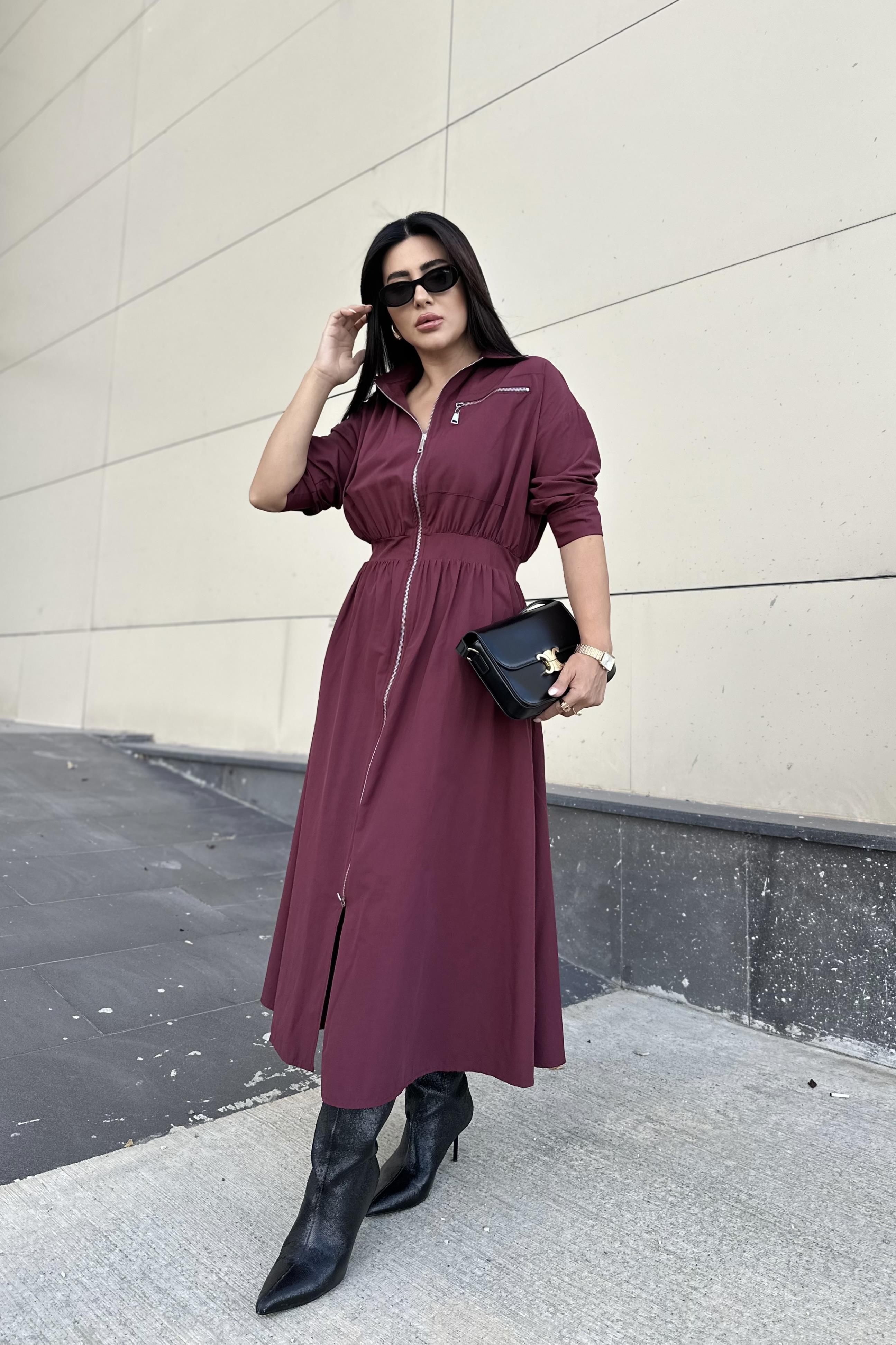 Bordo Renk Fermuar Detaylı Poplin Kumaş Elbise 