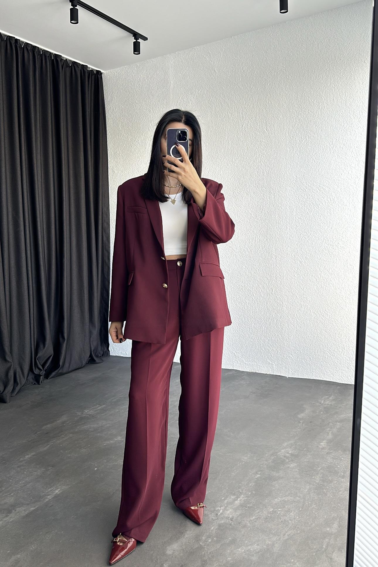 Bordo Renk Gold Düğme Detaylı Premium Takım