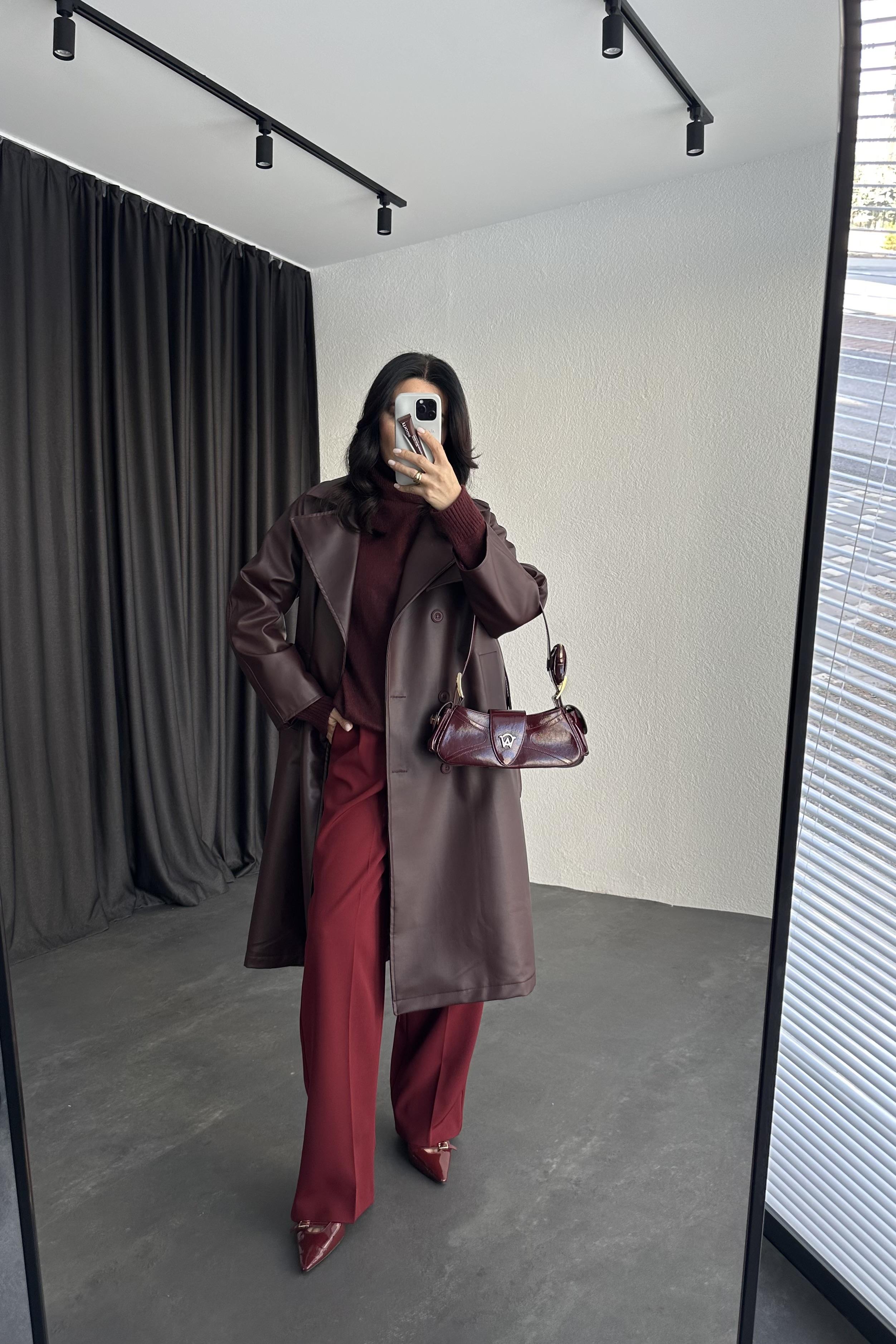 Bordo Renk Kemerli Deri Premium Trençkot 