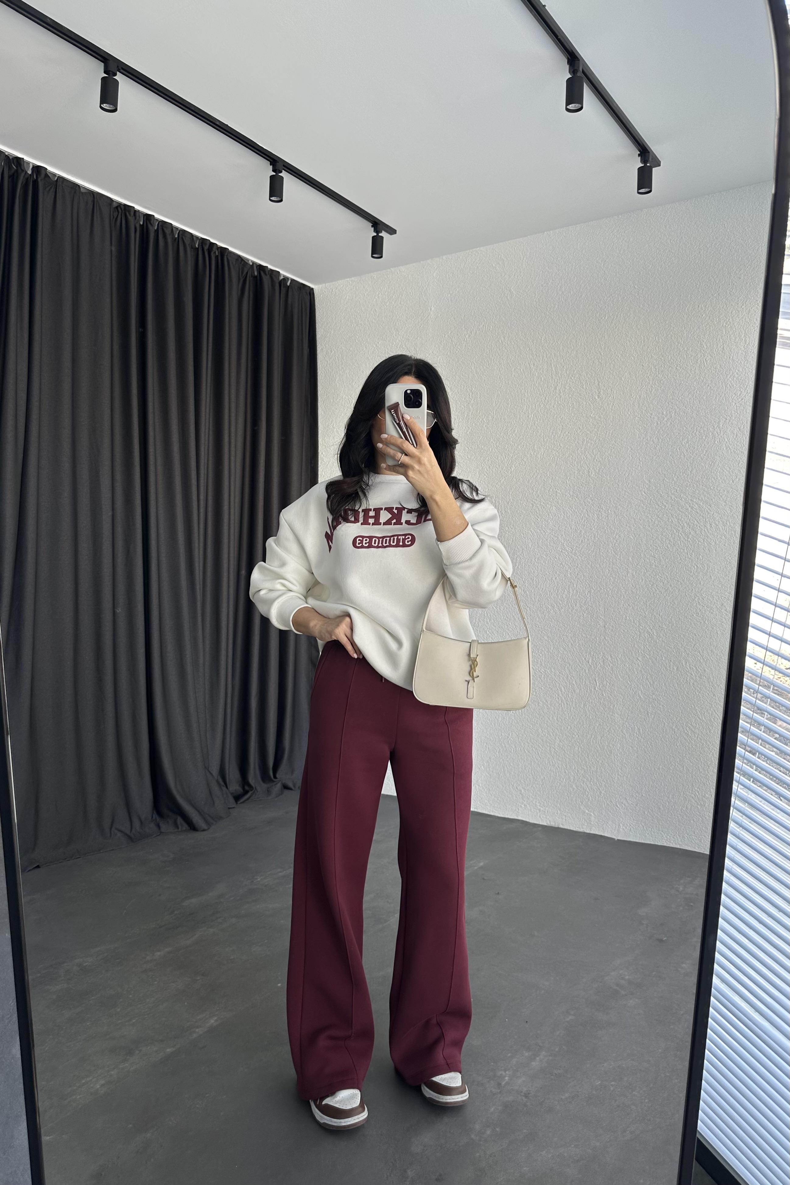 Bordo Renk Şardonlu Sweatshirt Eşofman Takım 