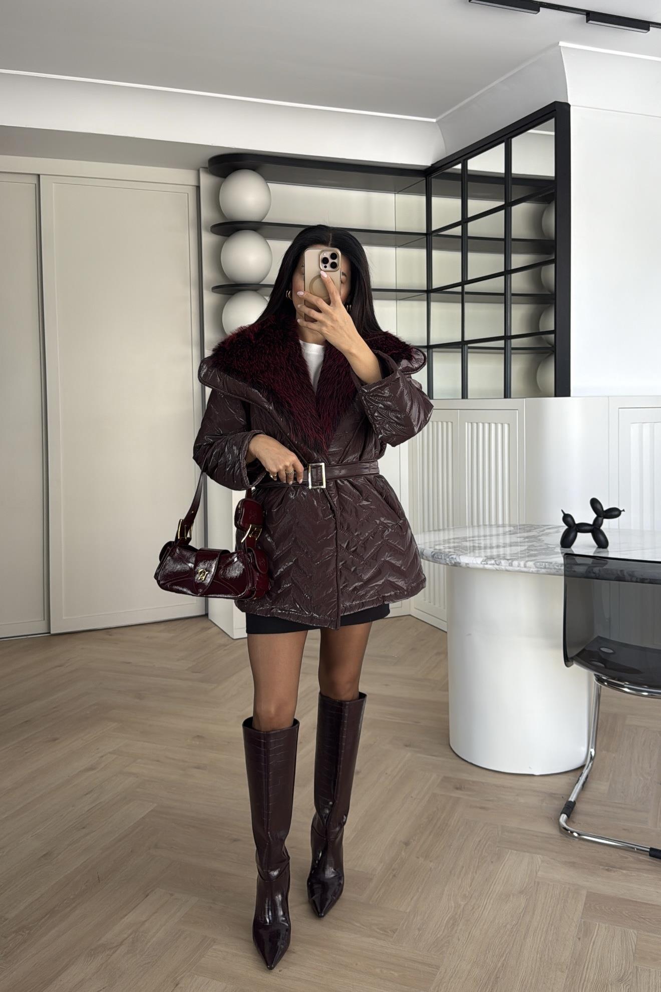 BORDO RENK TASARIM KÜRKLÜ ELYAF DOLGULU MONT