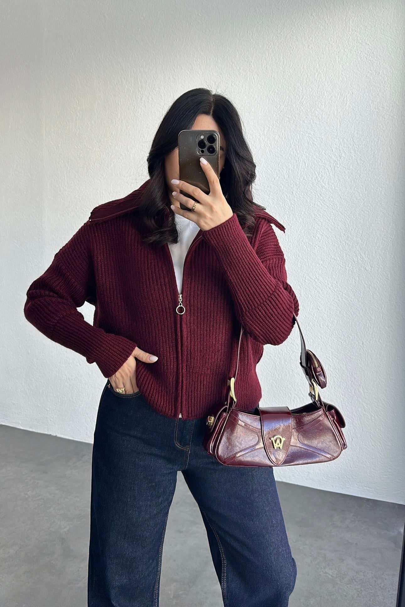 Bordo Şal Yaka Fermuarlı Hırka