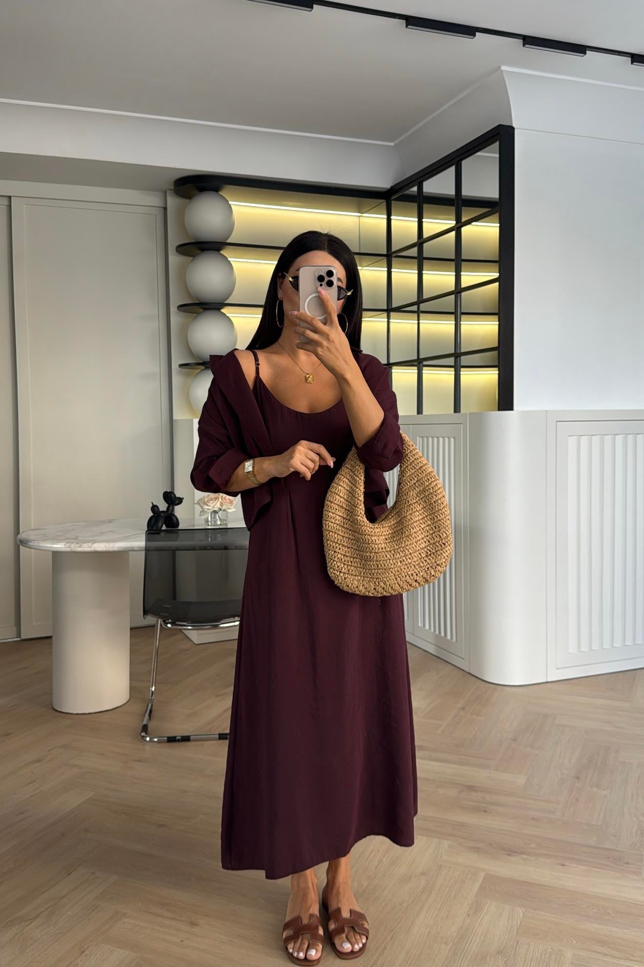 BORDO TENSEL GÖMLEK DETAY ASKILI ELBİSE