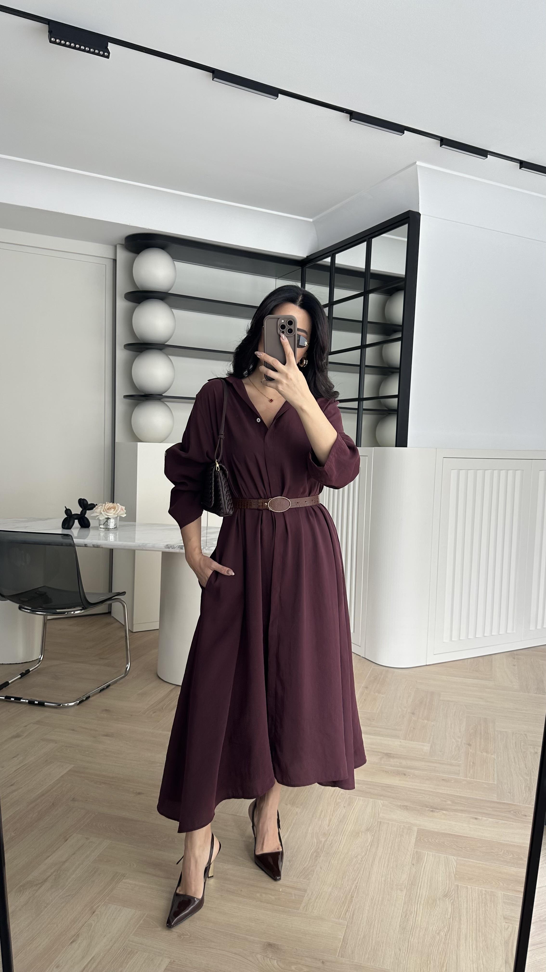 Bordo Tensel Kumaş Cepli Oversize Kemerli Gömlek Elbise