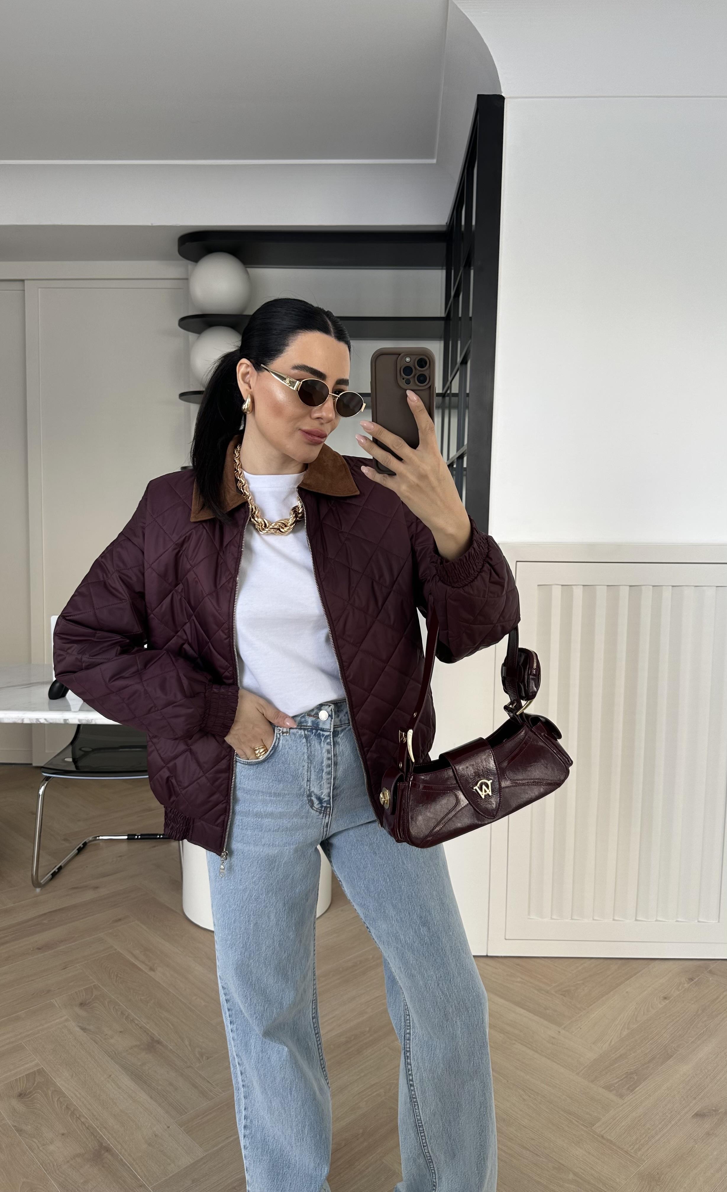 Bordo Yakası Süet Elyaf Dolgu Ceket