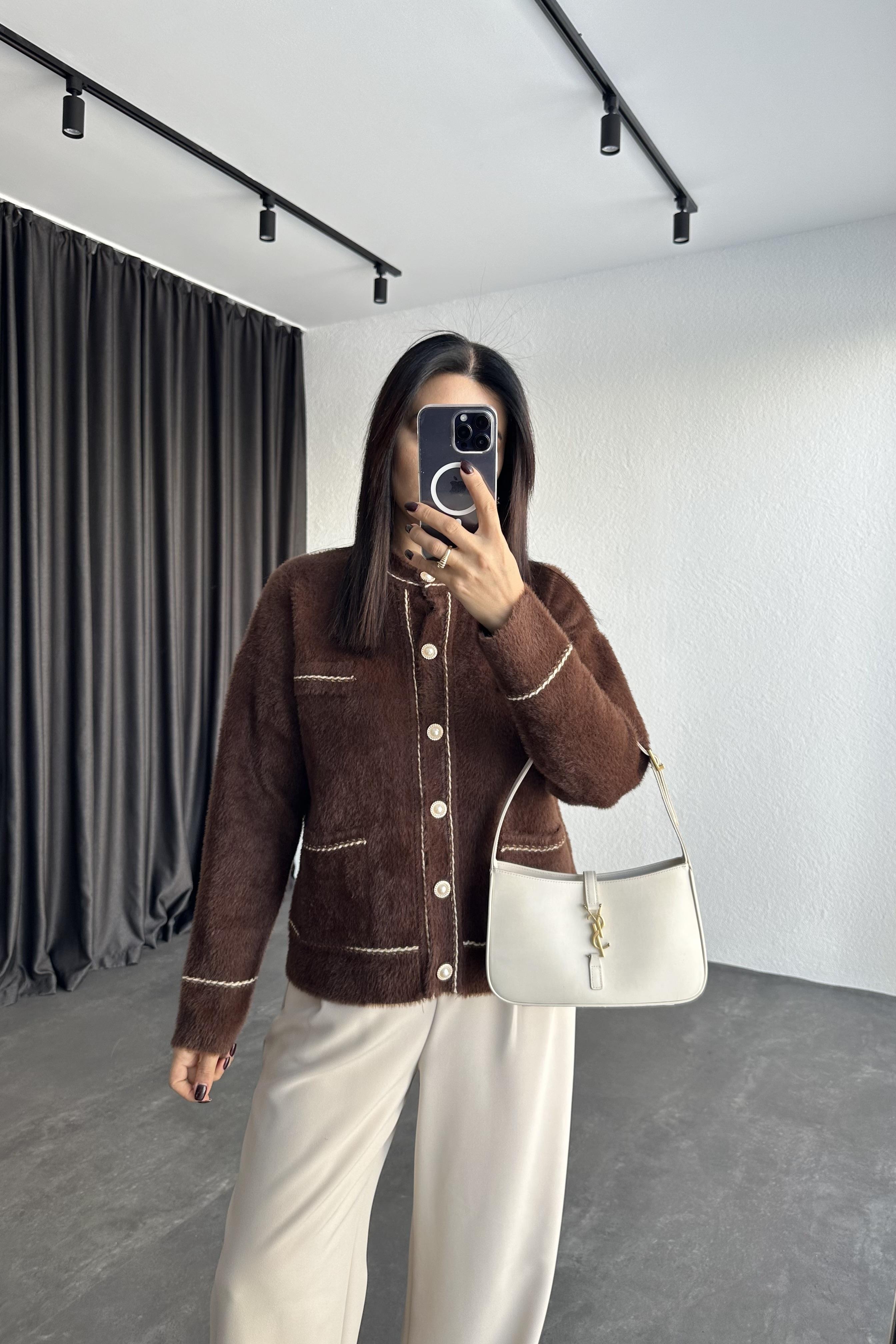 Camel İnci Düğmeli Özel Sakallı Dokulu Hırka