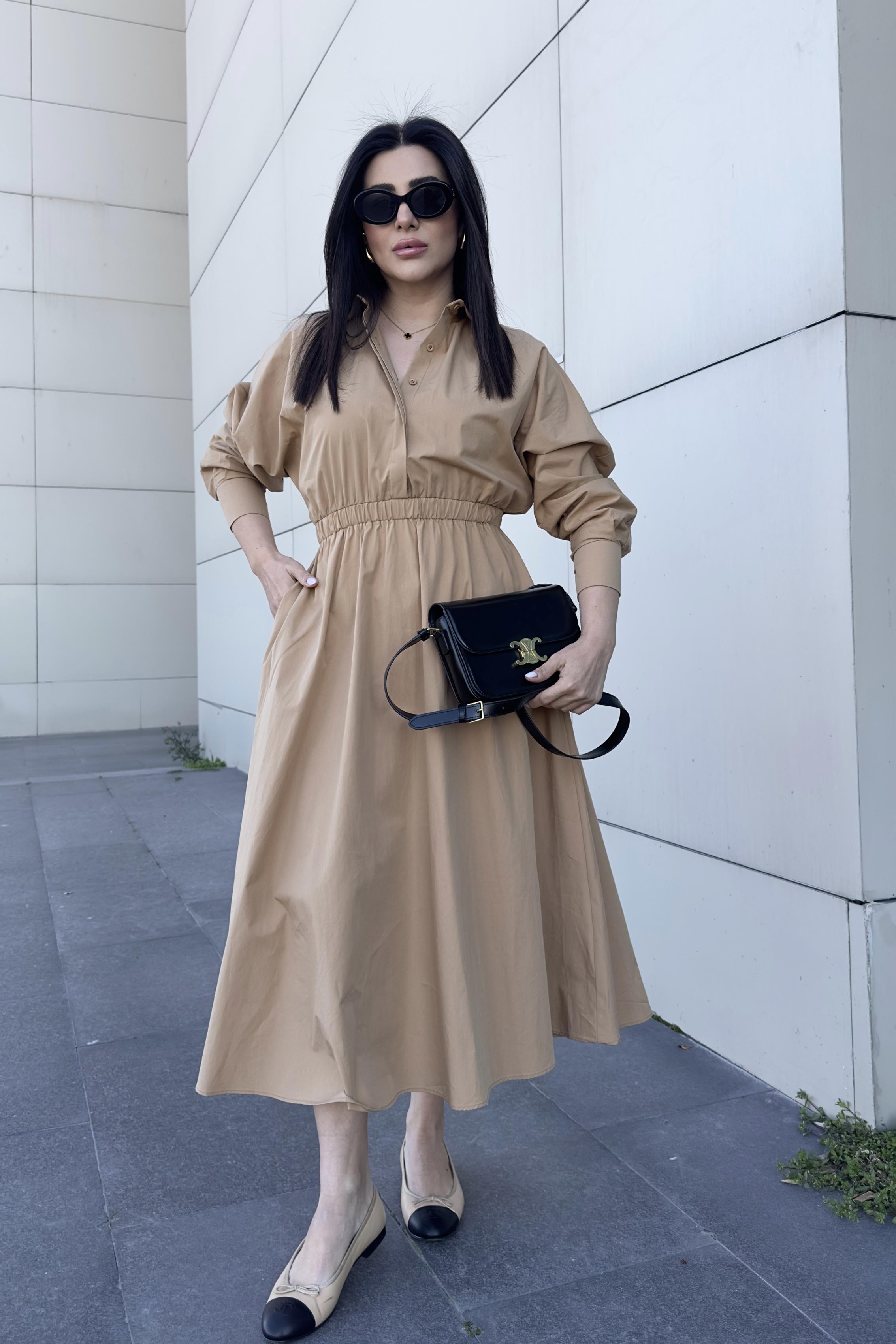 Camel Renk Beli Lastikli Maxi Boy Poplin Kumaş Elbise