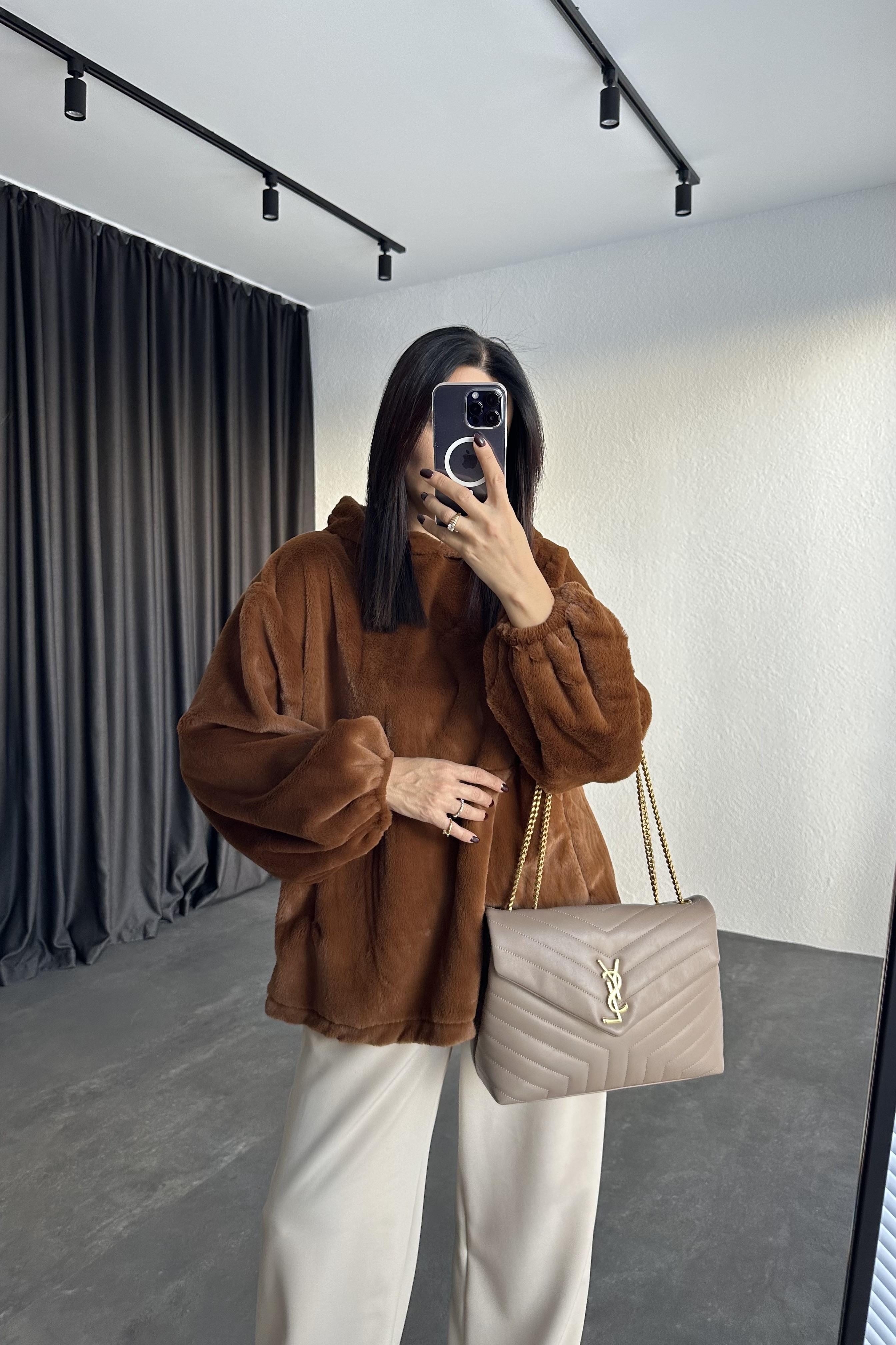 Camel Renk Kanguru Cepli Massimo Peluş Sweatshirt