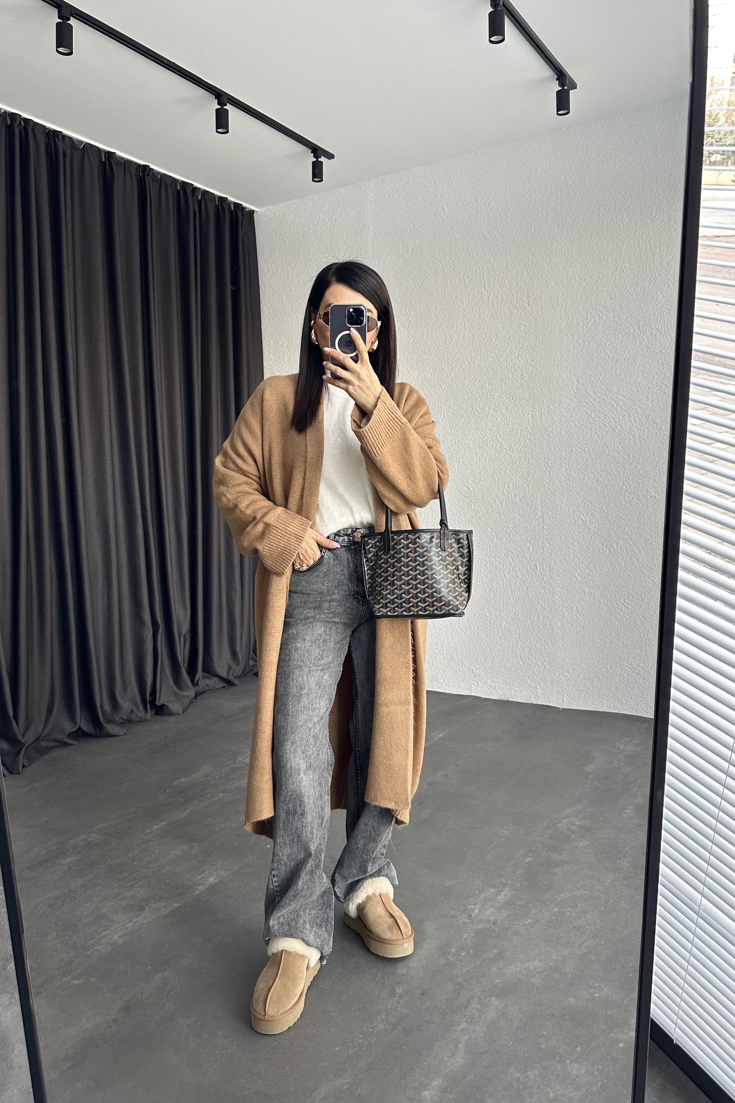 Camel Şal Yaka Uzun Hırka