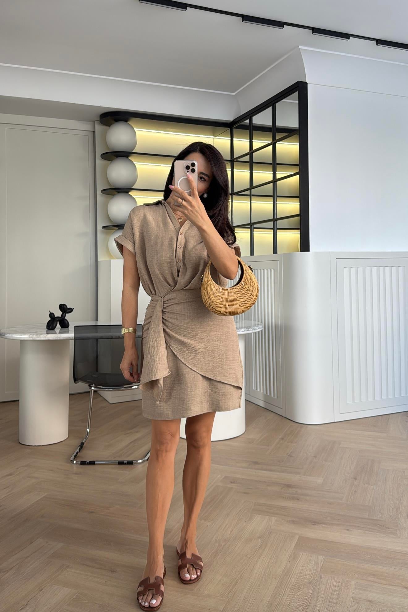 CAMEL YANDAN FERMUARLI KETEN ELBİSE