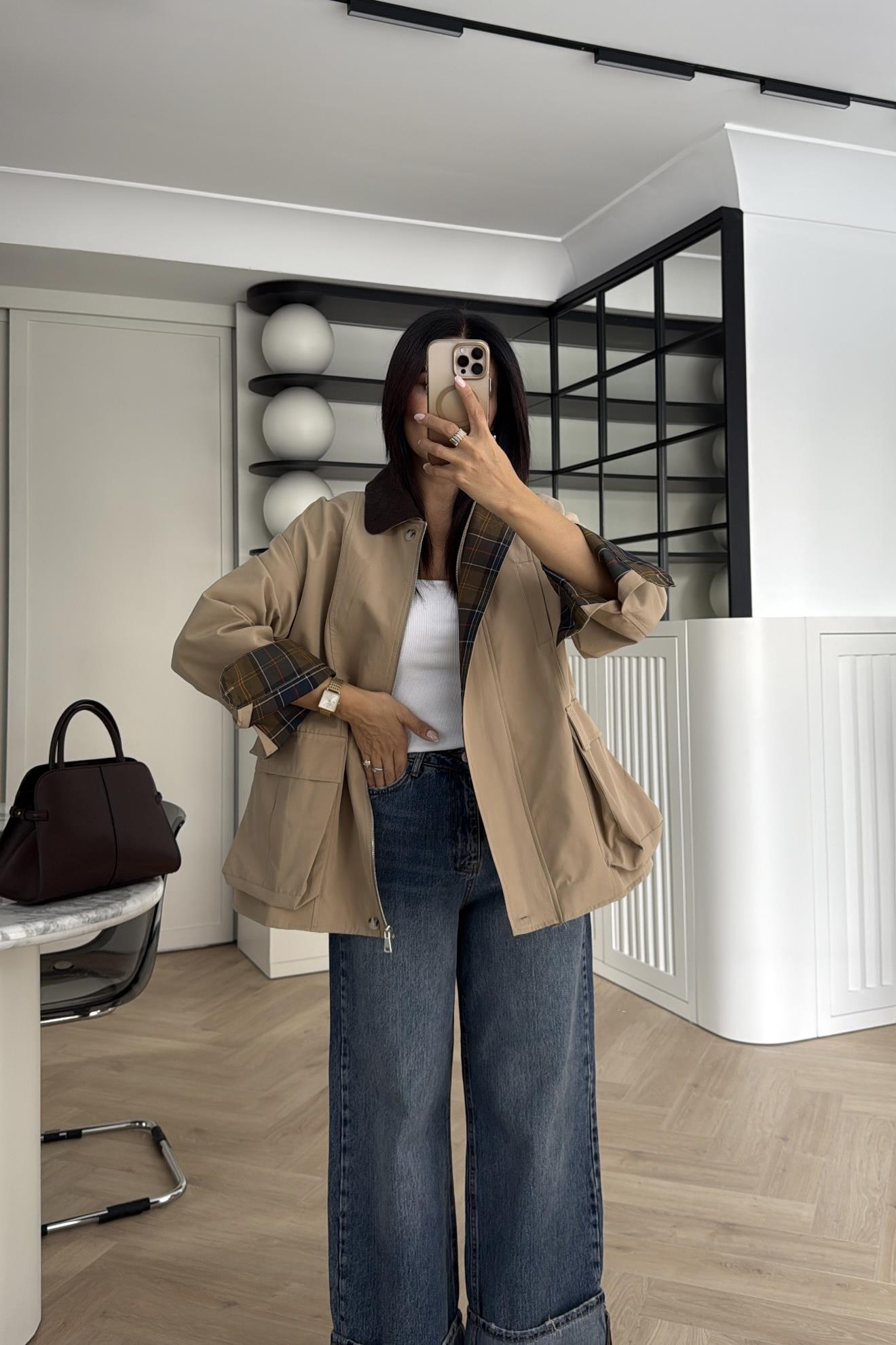 CEPLİ EKOSE CEKET BEJ