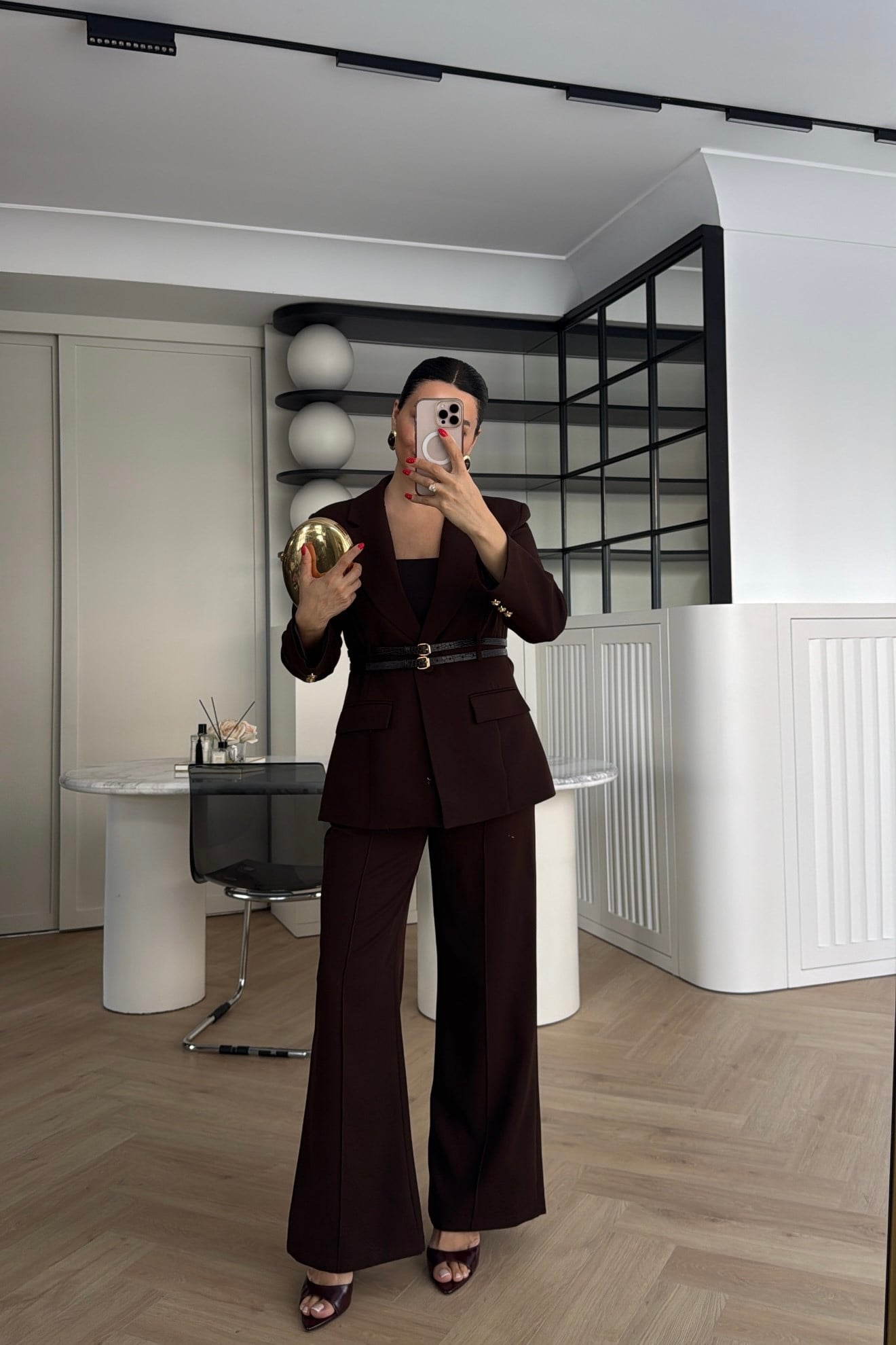 ÇİFT KEMERLİ CEKET PANTOLON TAKIM KAHVE 