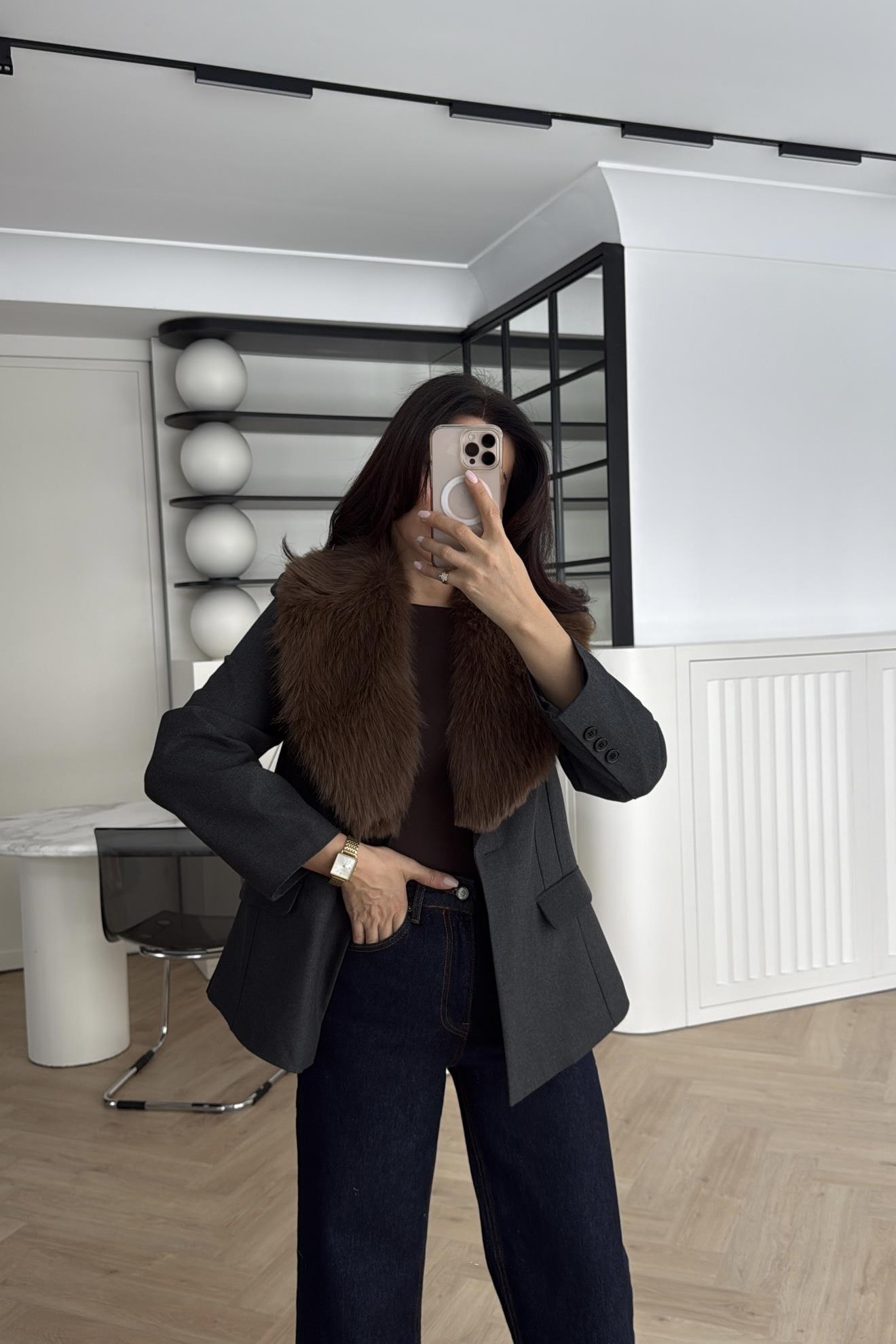 ÇIKABİLİR KÜRK YAKALI BLAZER CEKET ANTRASİT 