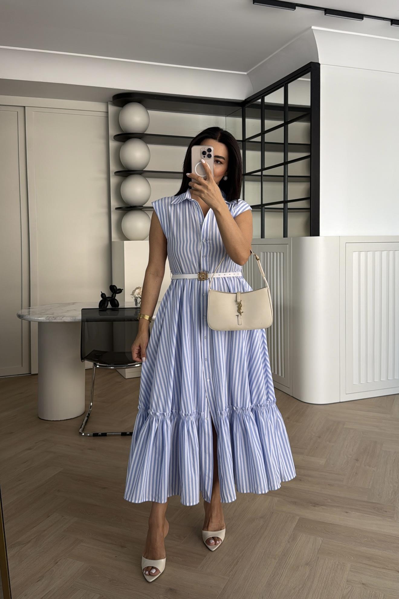 ÇİZGİLİ KEMERLİ MAXİ BOY ELBİSE