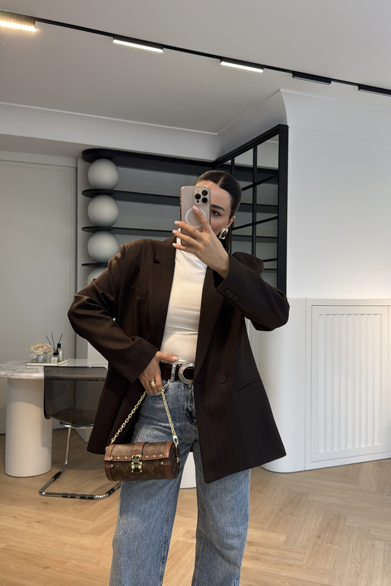 ÇİZGİLİ OVERSİZE BLAZER CEKET KAHVE 