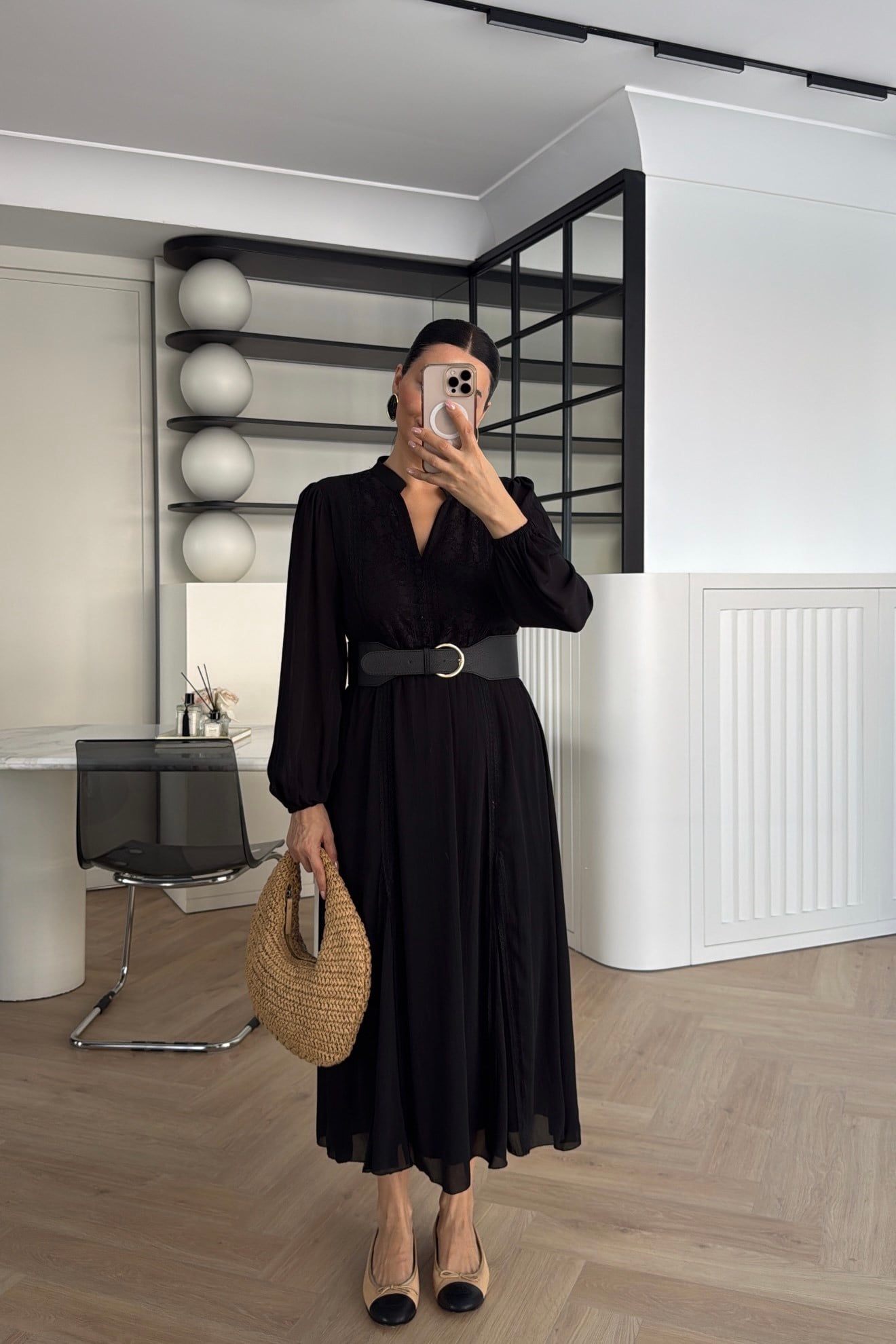 DANTELLİ KEMER DETAYLI ELBİSE SİYAH