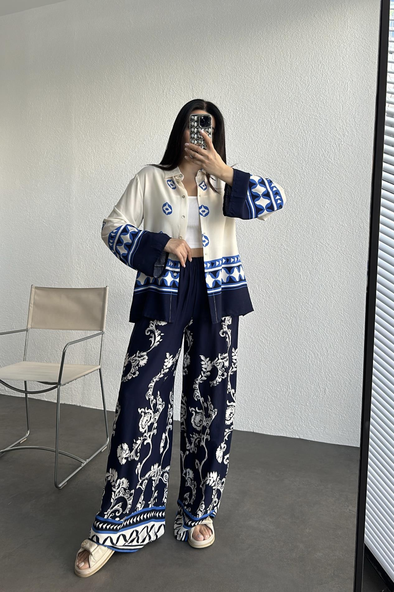 Desenli Poplin Kumaş Gömlek Pantolon Takım