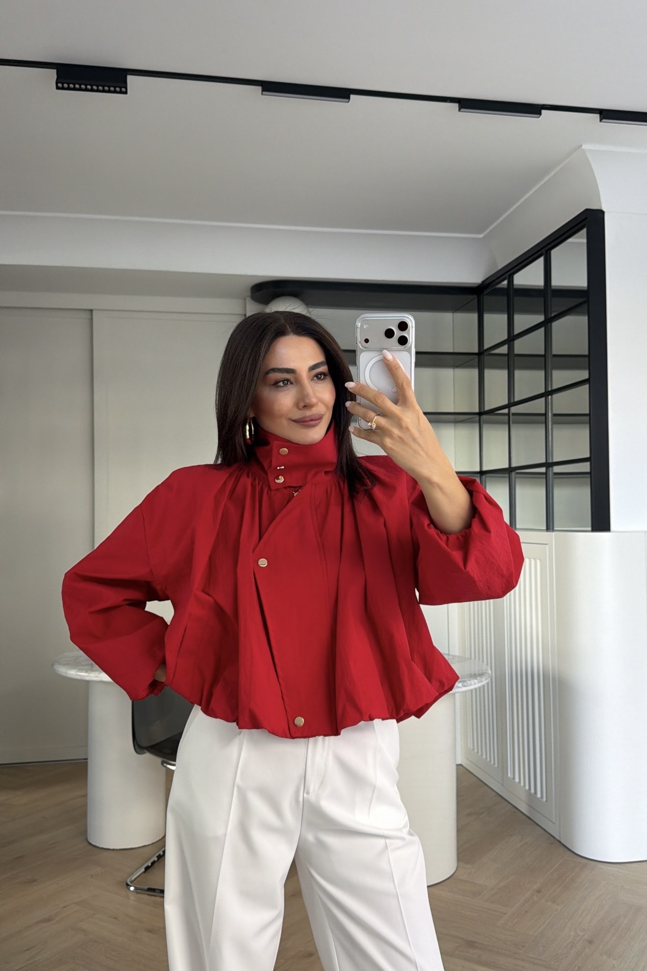 DİK YAKA BOMBER OVERSİZE CEKET KIRMIZI