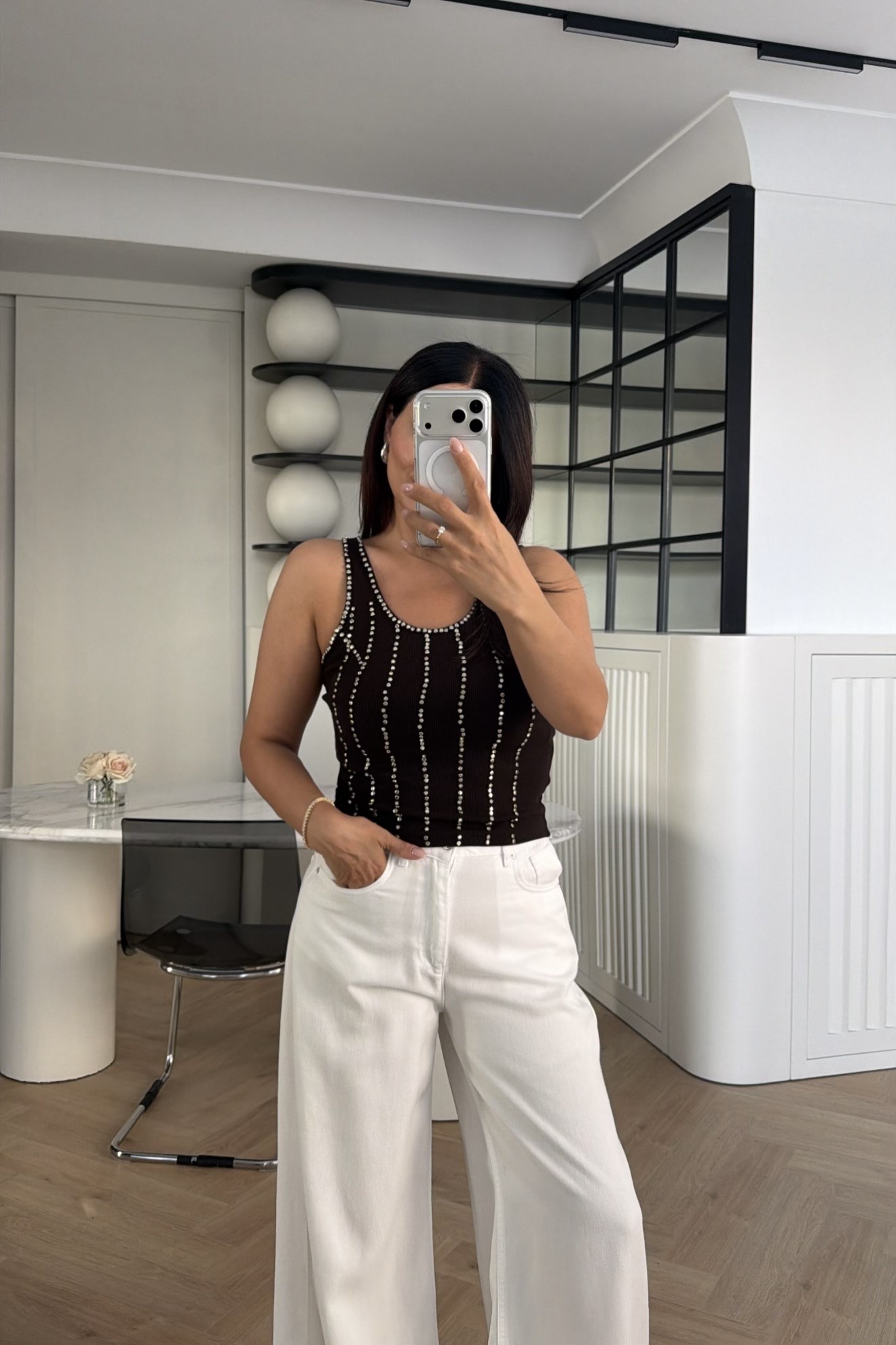 DİKEY TAŞ DETAYLI FİTİLLİ ATLET YENİ KAHVE 