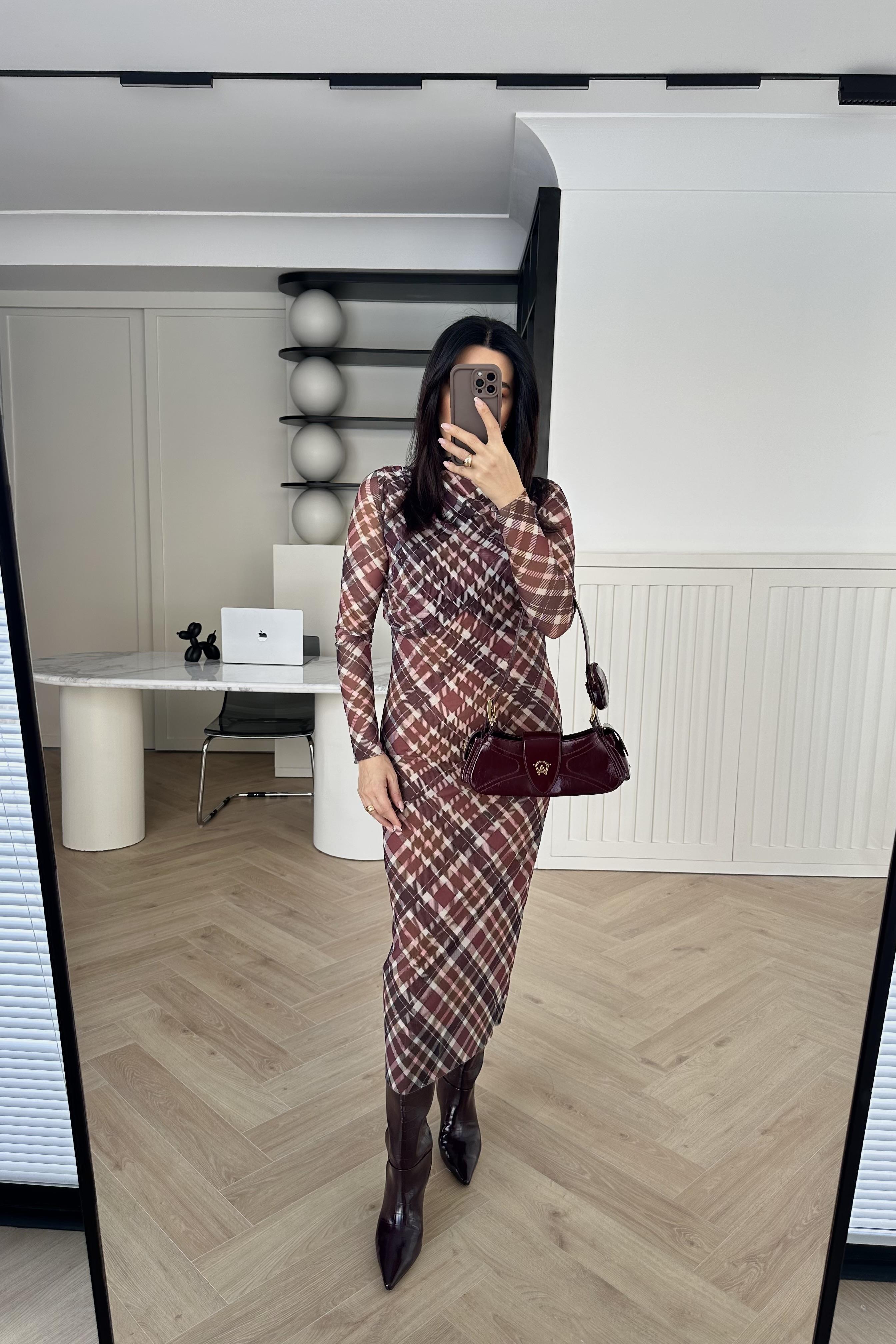 Ekose Desen Astarlı Tül Elbise 