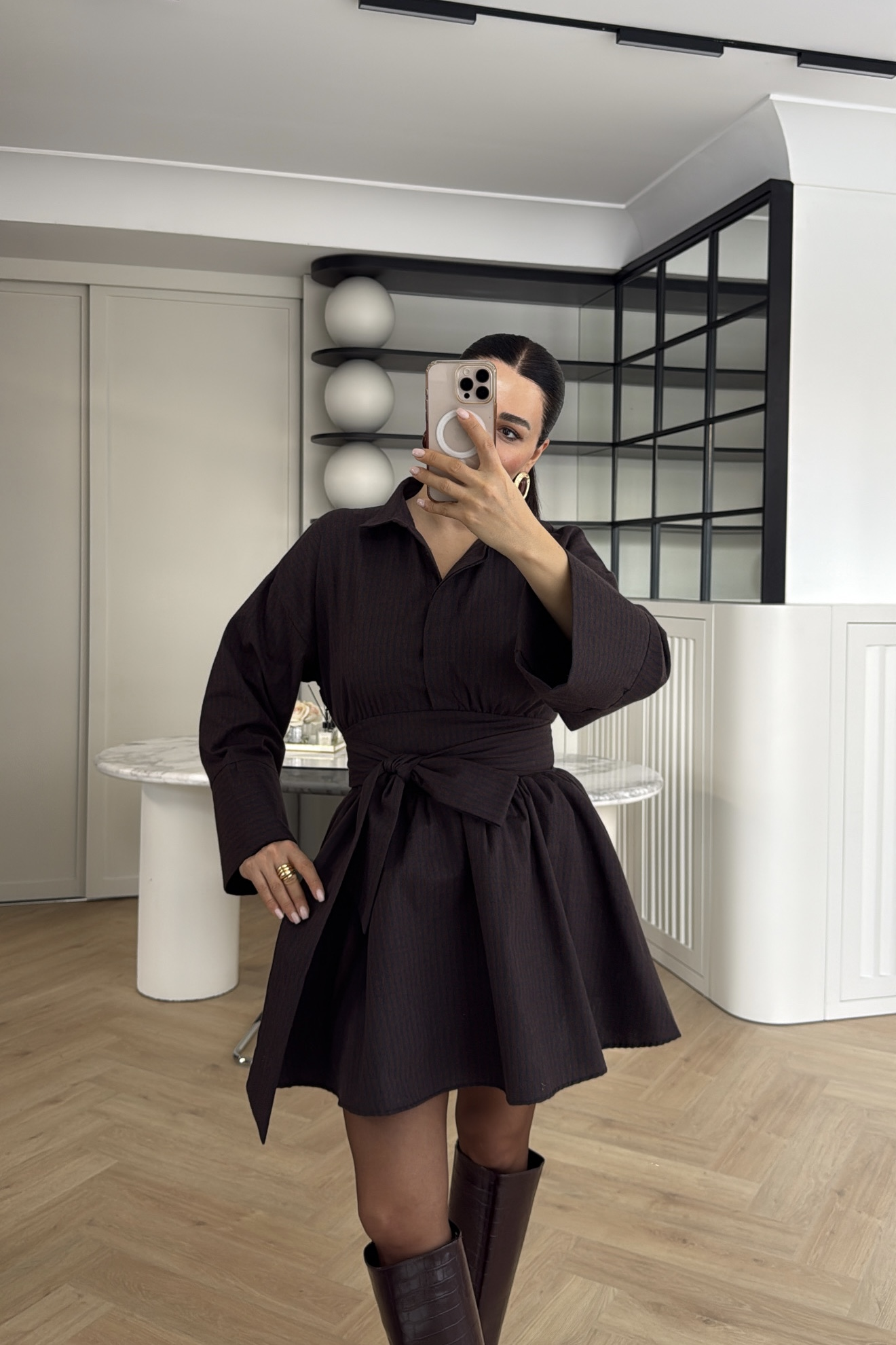 EKOSELİ GÖMLEK ELBİSE KAHVE 