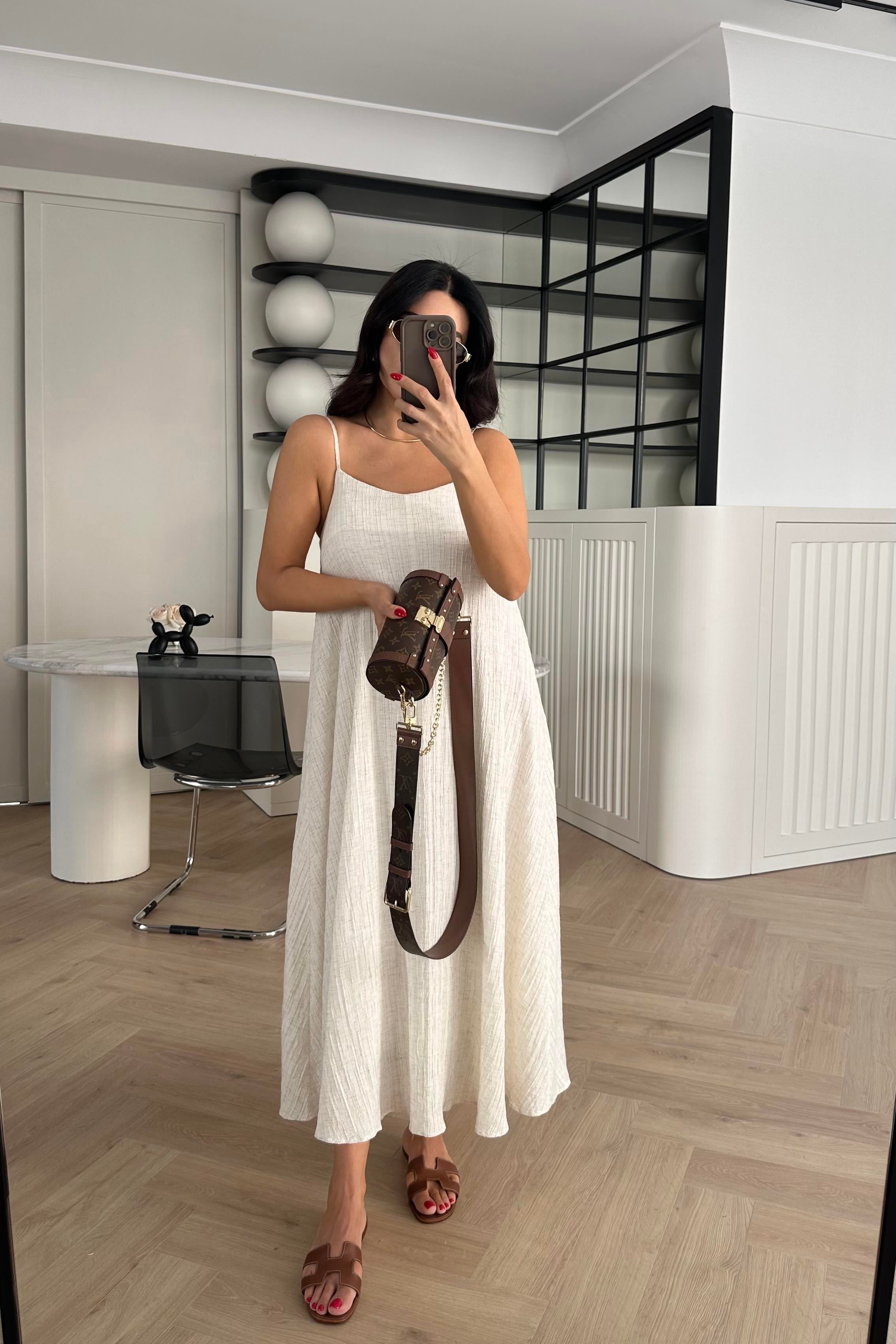 Ekru Astarlı Dokulu Krinkıl Kumaş İp Askılı Elbise 