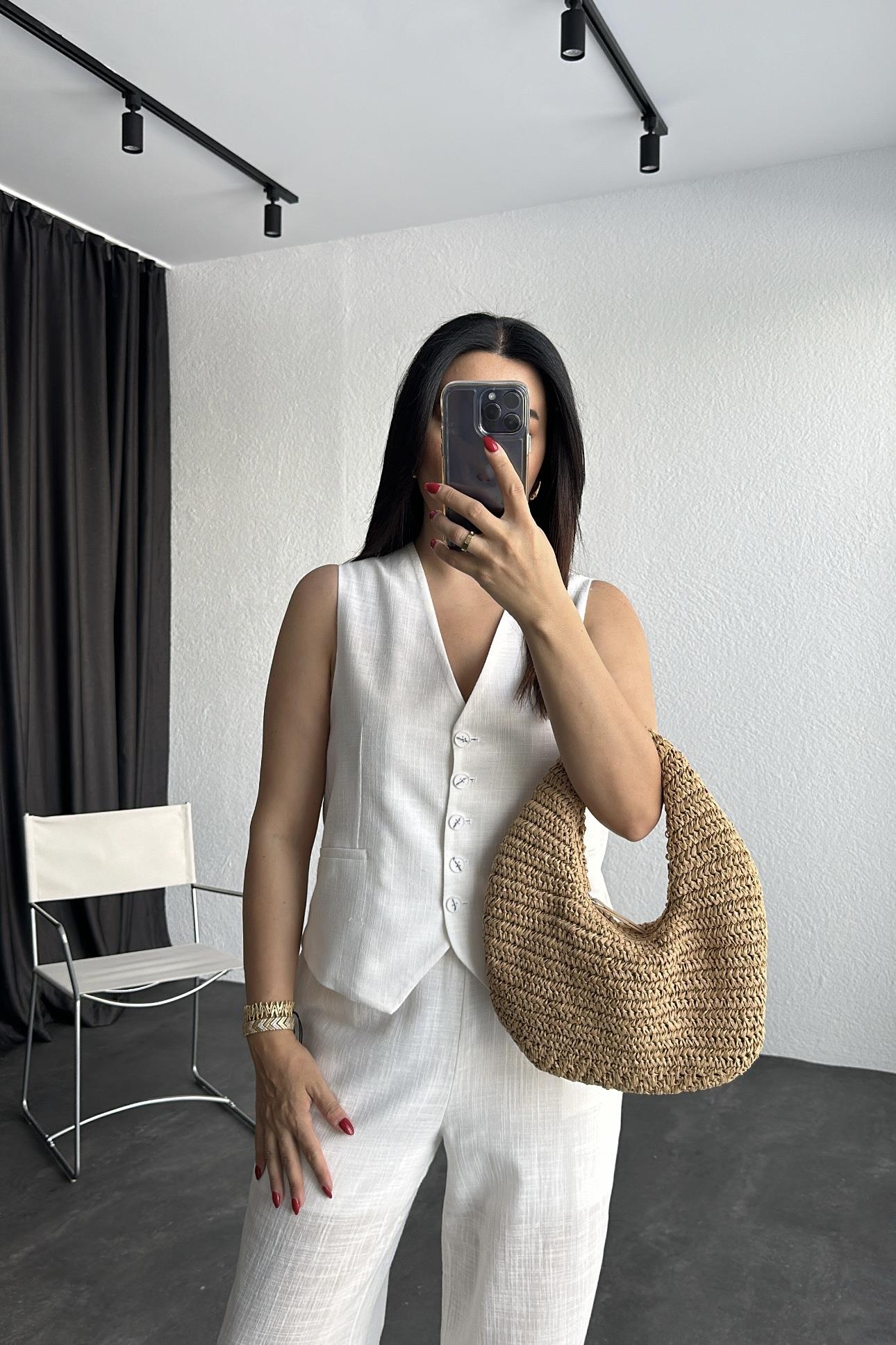 Ekru Astarlı Keten Yelek 