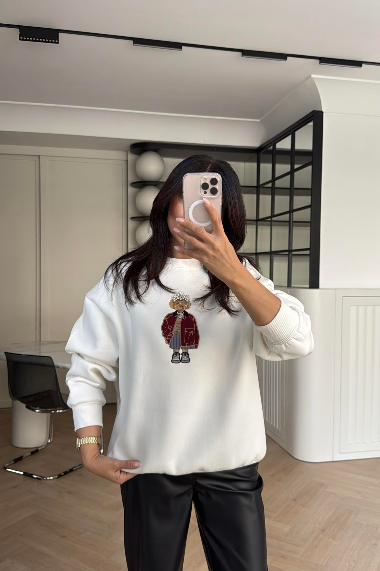 EKRU AYICIKLI TAŞ DETAYLI SWEATSHIRT