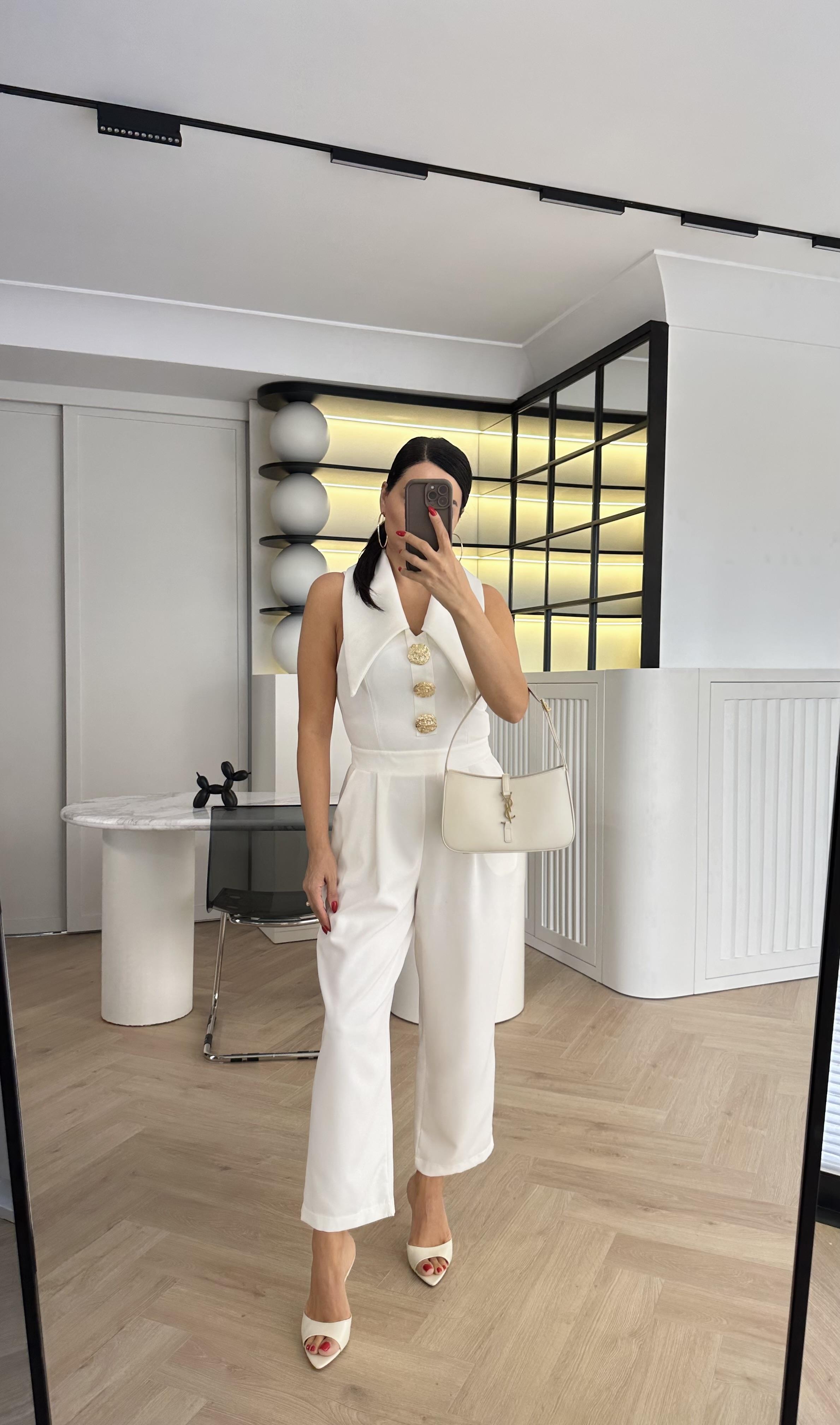 Ekru Gold Düğme Detaylı Tasarım Tulum 