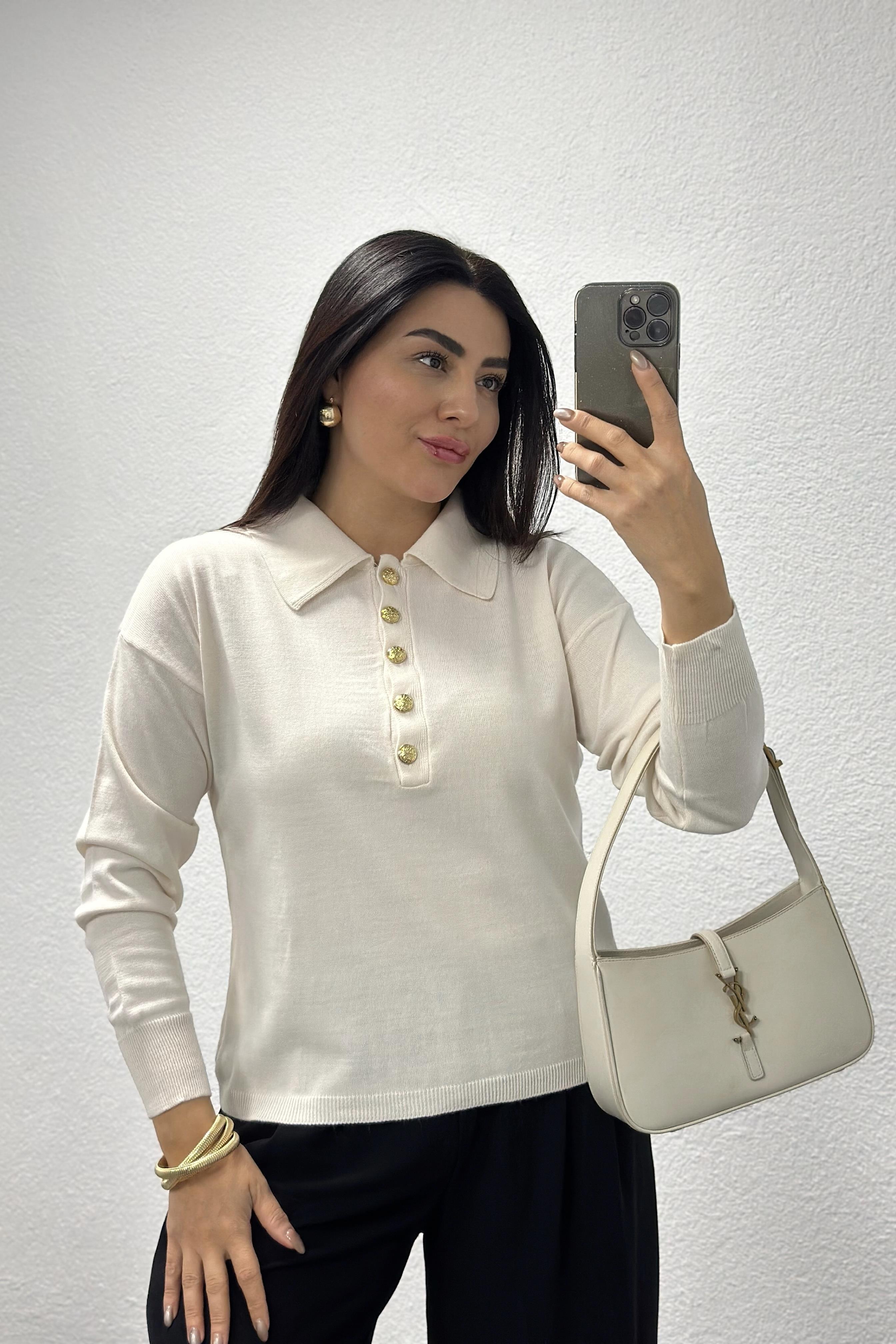 Ekru Gold Düğmeli Polo Yaka Triko