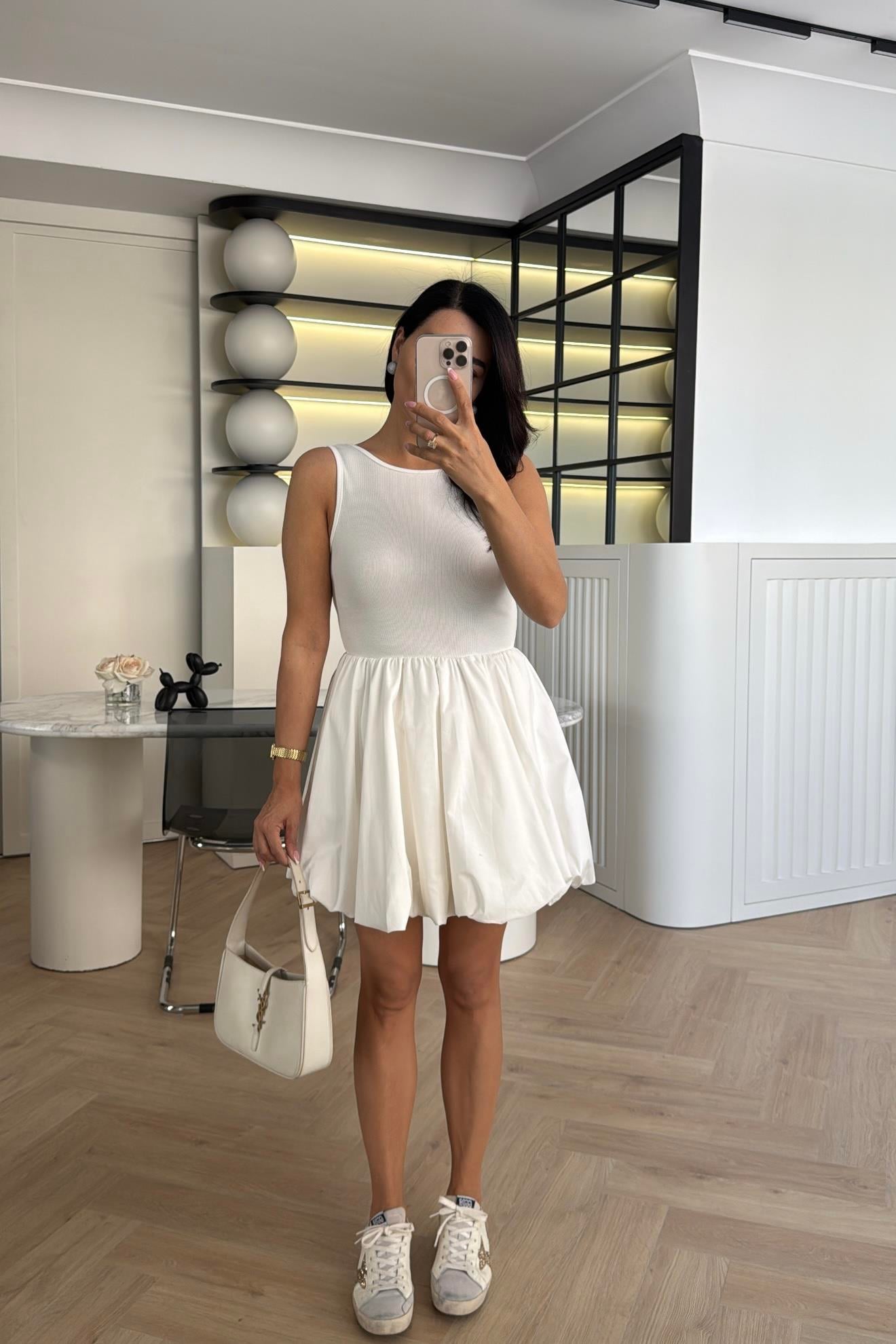 Ekru Kolsuz Balon Etekli Elbise