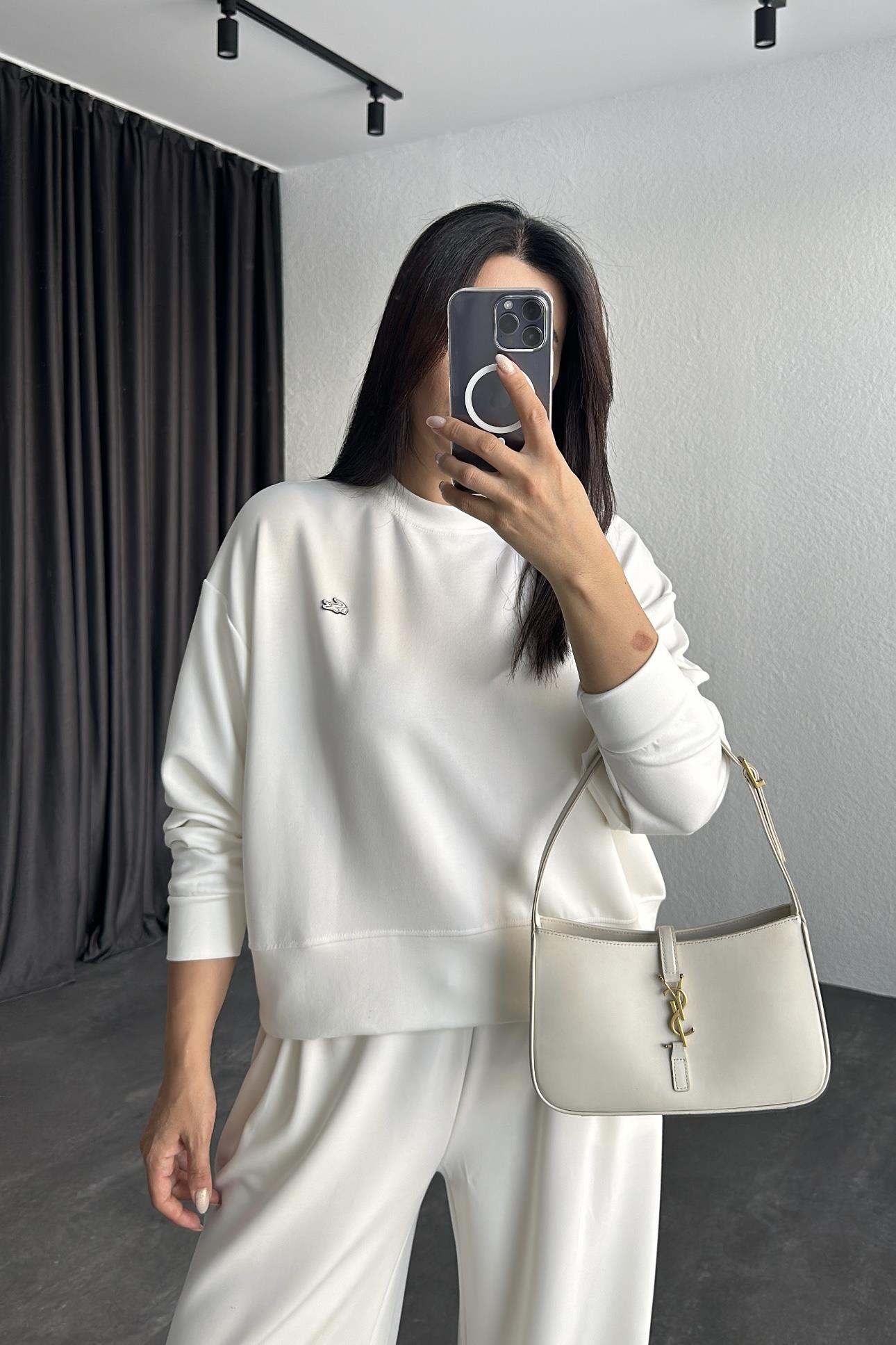 Ekru Modal Kumaş Logolu Sweatshirt 