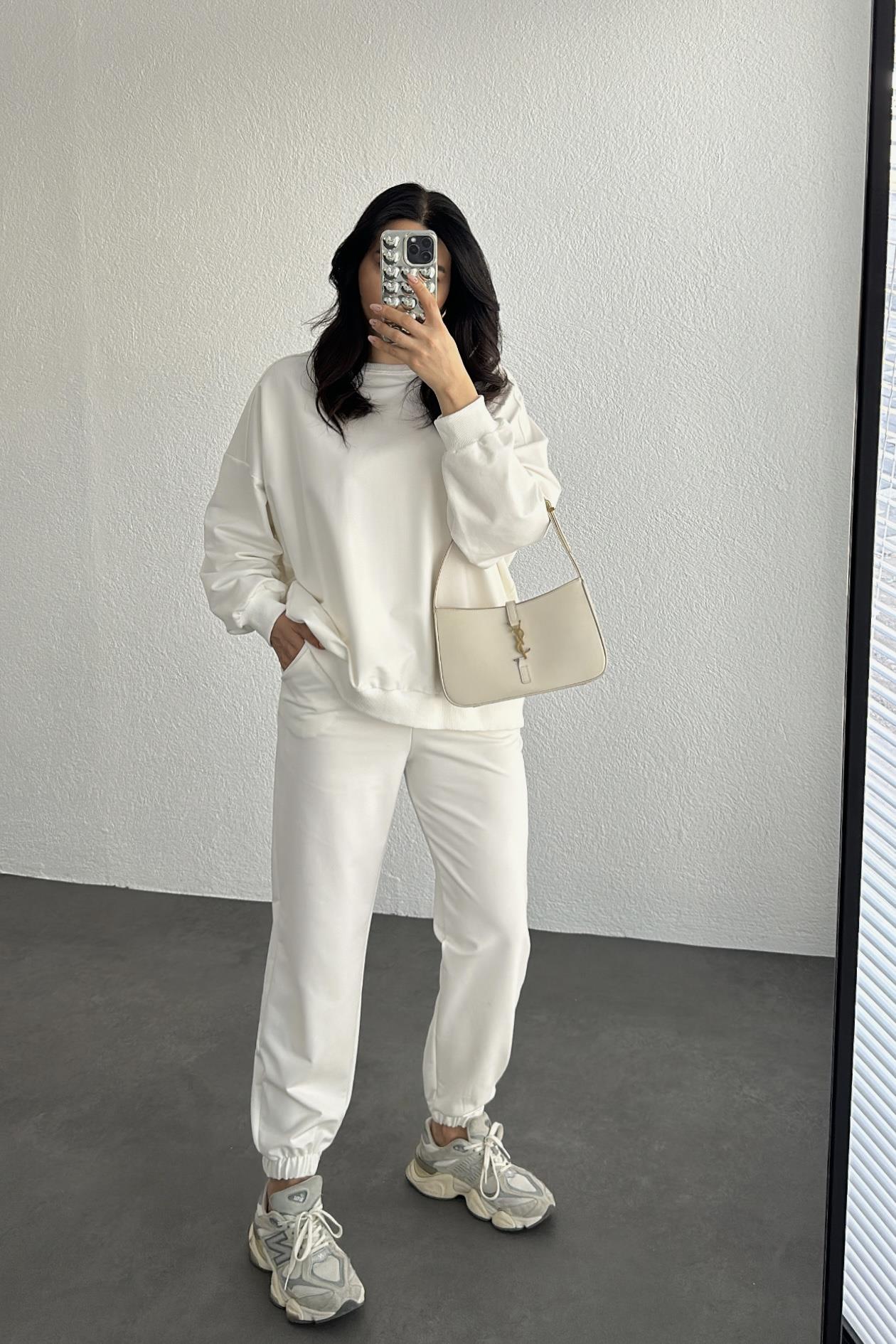 Ekru Oversize Mevsimlik Kumaş Sweatshırt  Eşofman Takım 