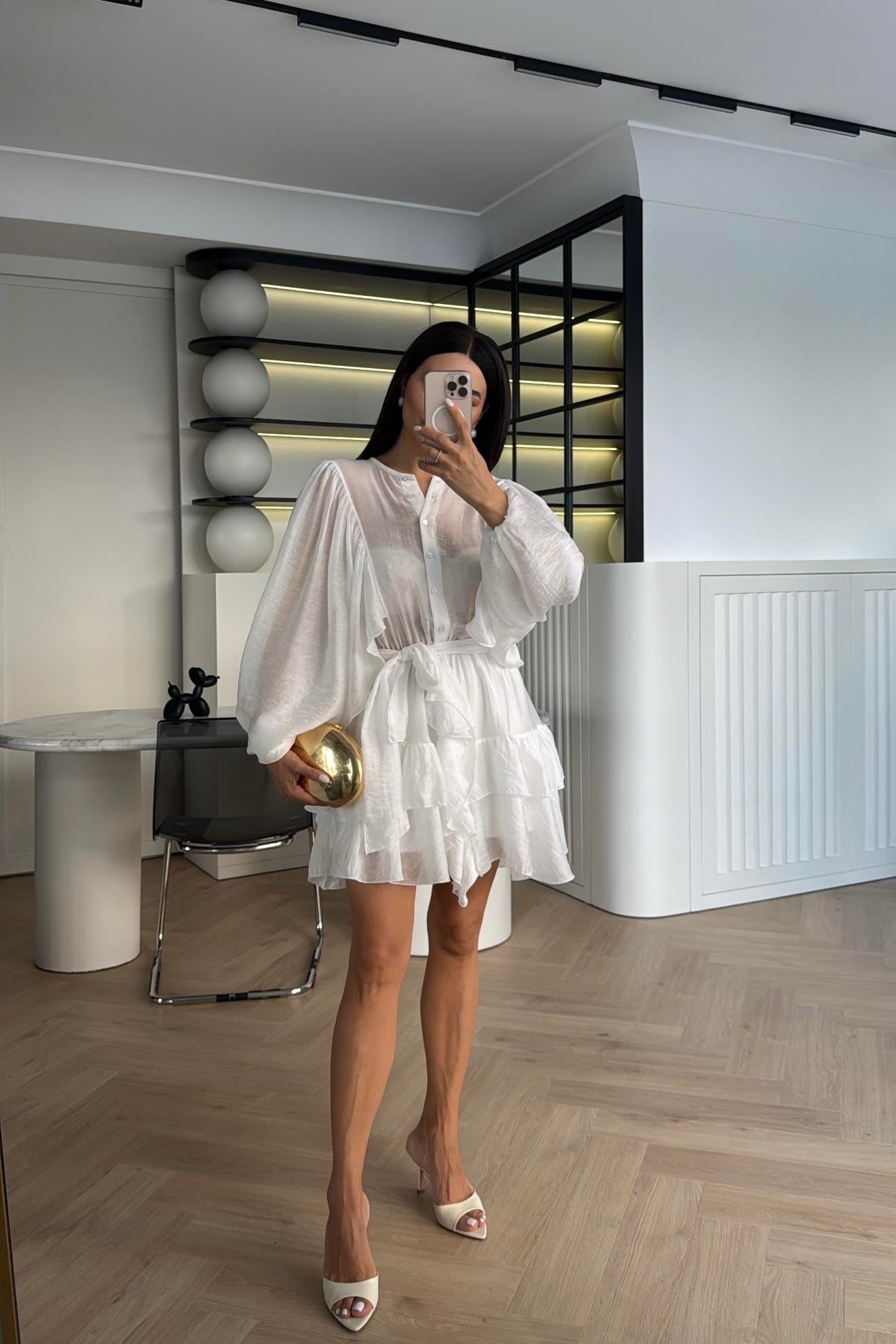 EKRU YARASA KOL ŞİFON ELBİSE