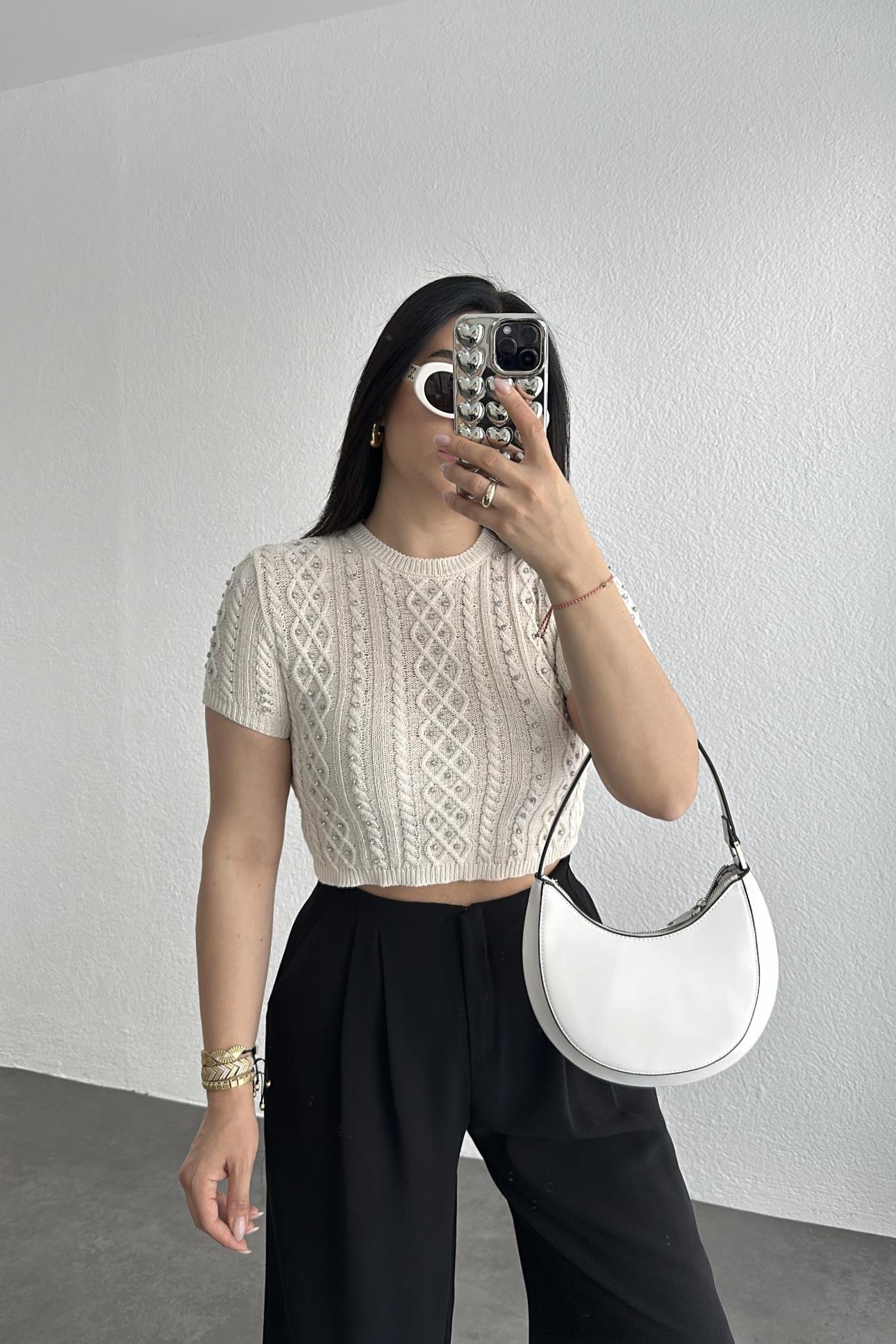 Ekru Yazlık Triko Taş Detaylı