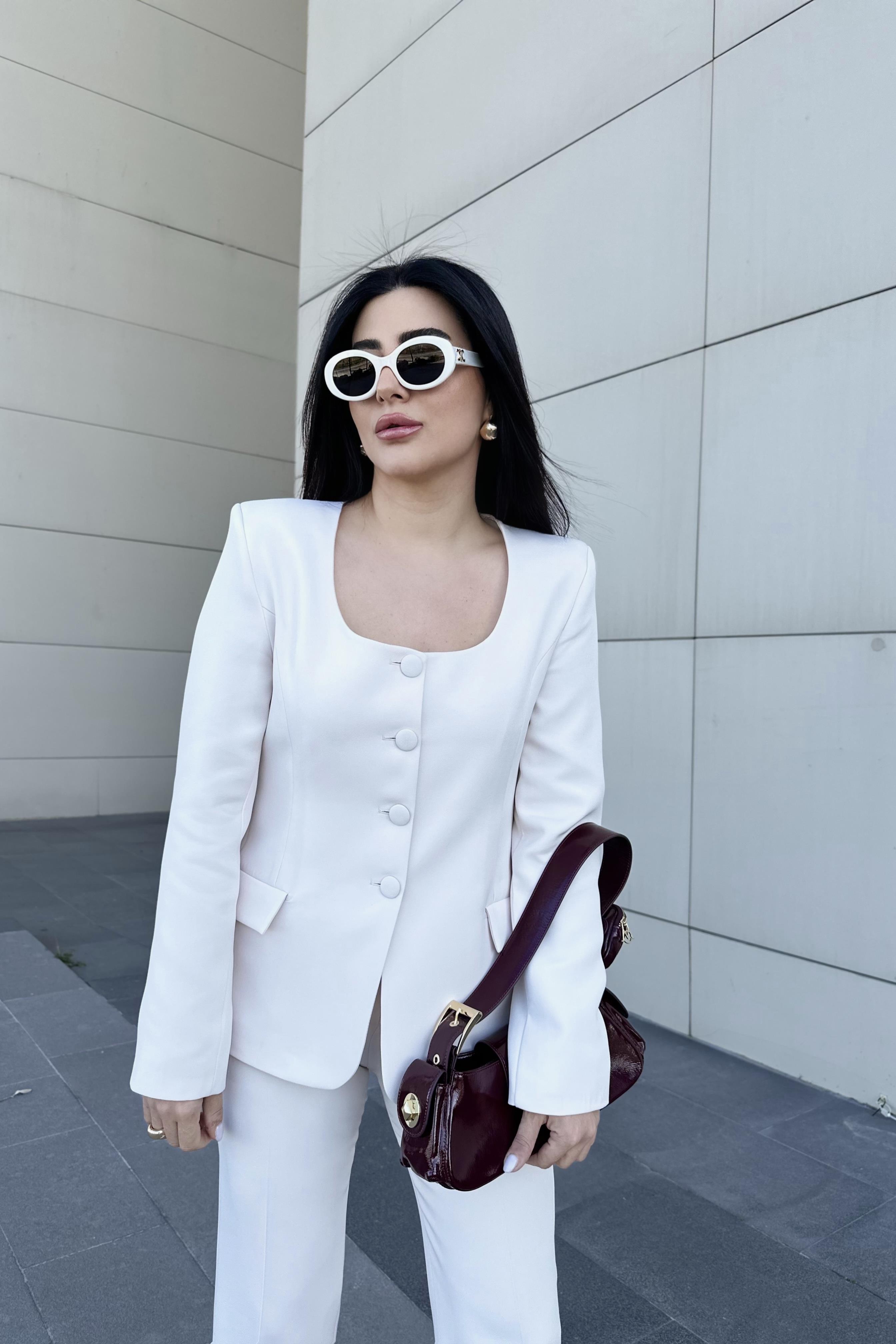 Ekru Yuvarlak Yaka Ceket Pantolon