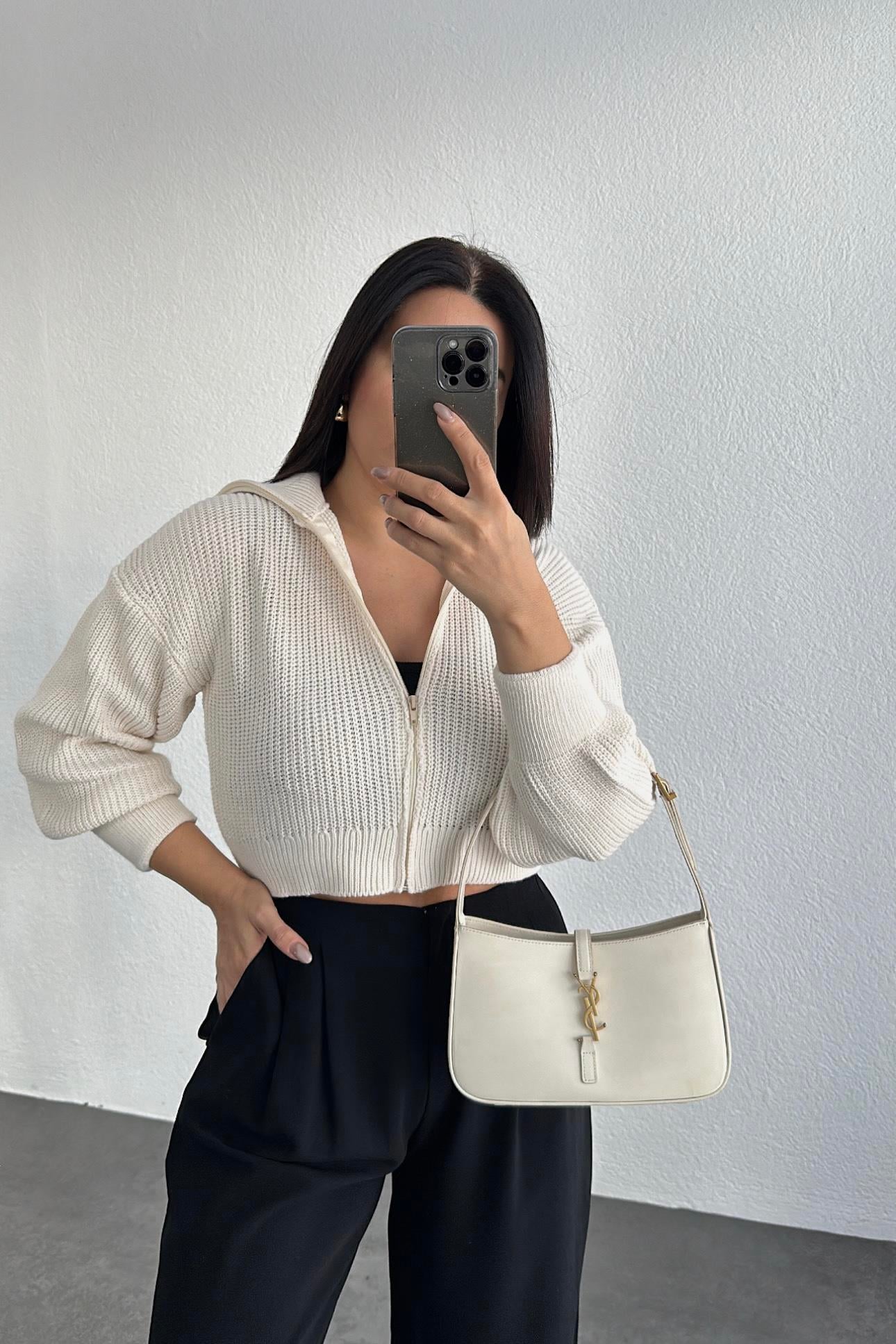 Fermuarlı Şal Yaka Hırka Ekru