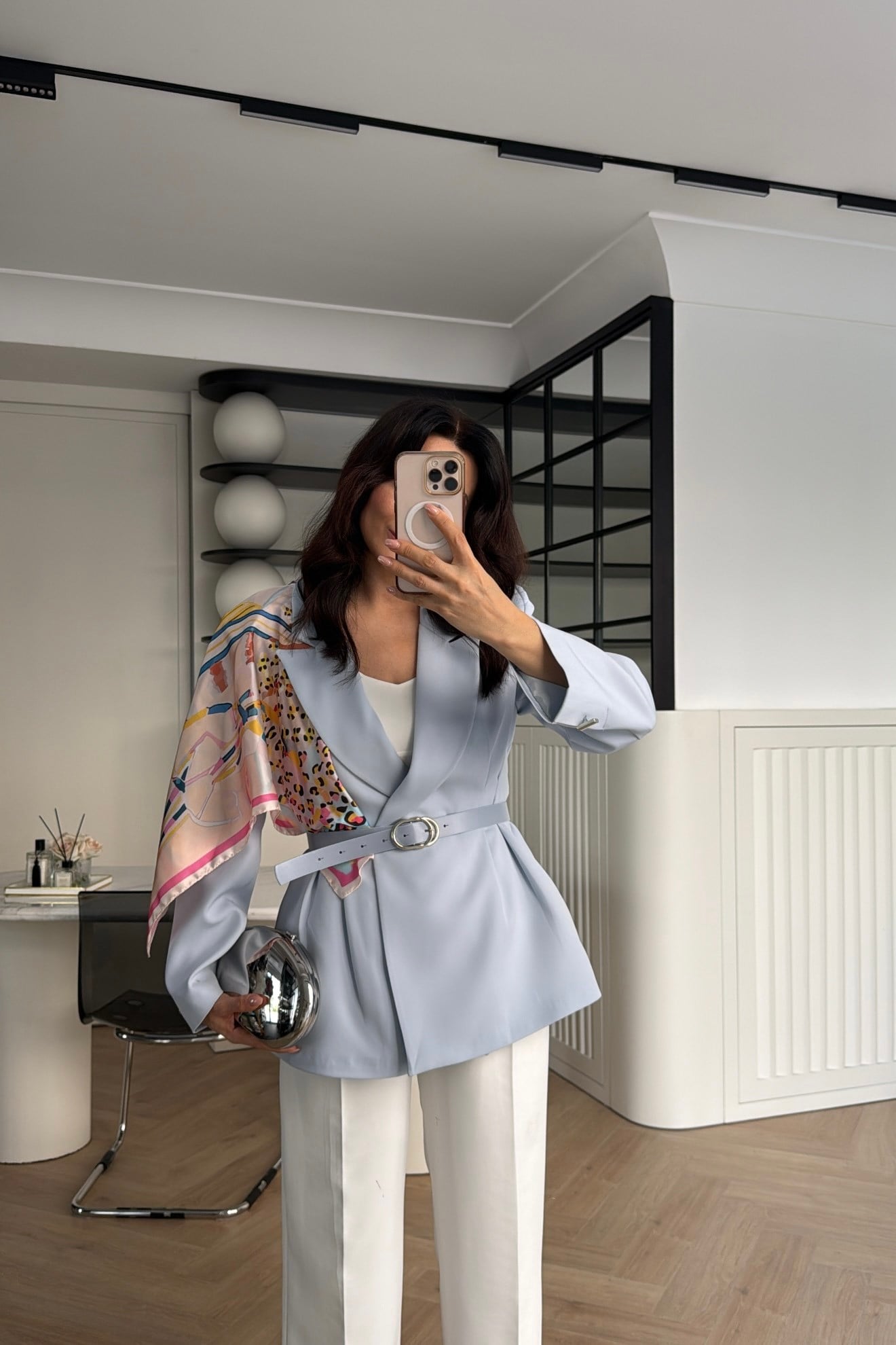 FULAR DETAYLI KEMERLİ BLAZER CEKET MAVİ 