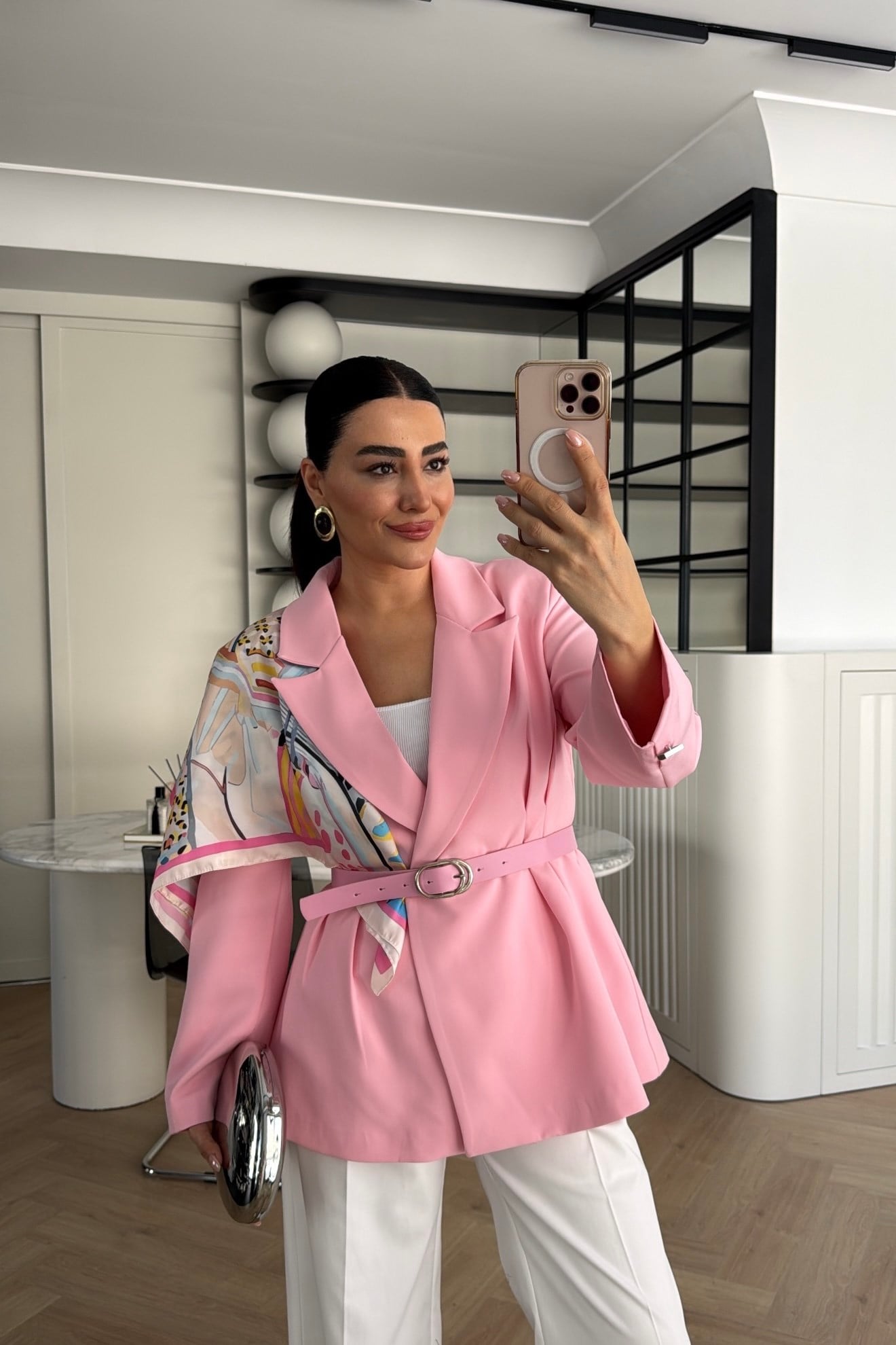 FULAR DETAYLI KEMERLİ BLAZER CEKET PEMBE 