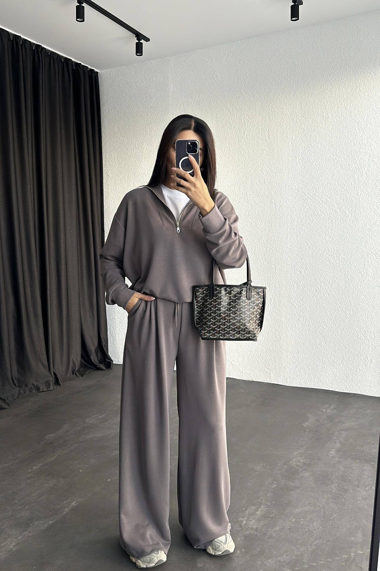 Füme Modal Kumaş Fermuarlı Sweatshırt Eşofman Takım