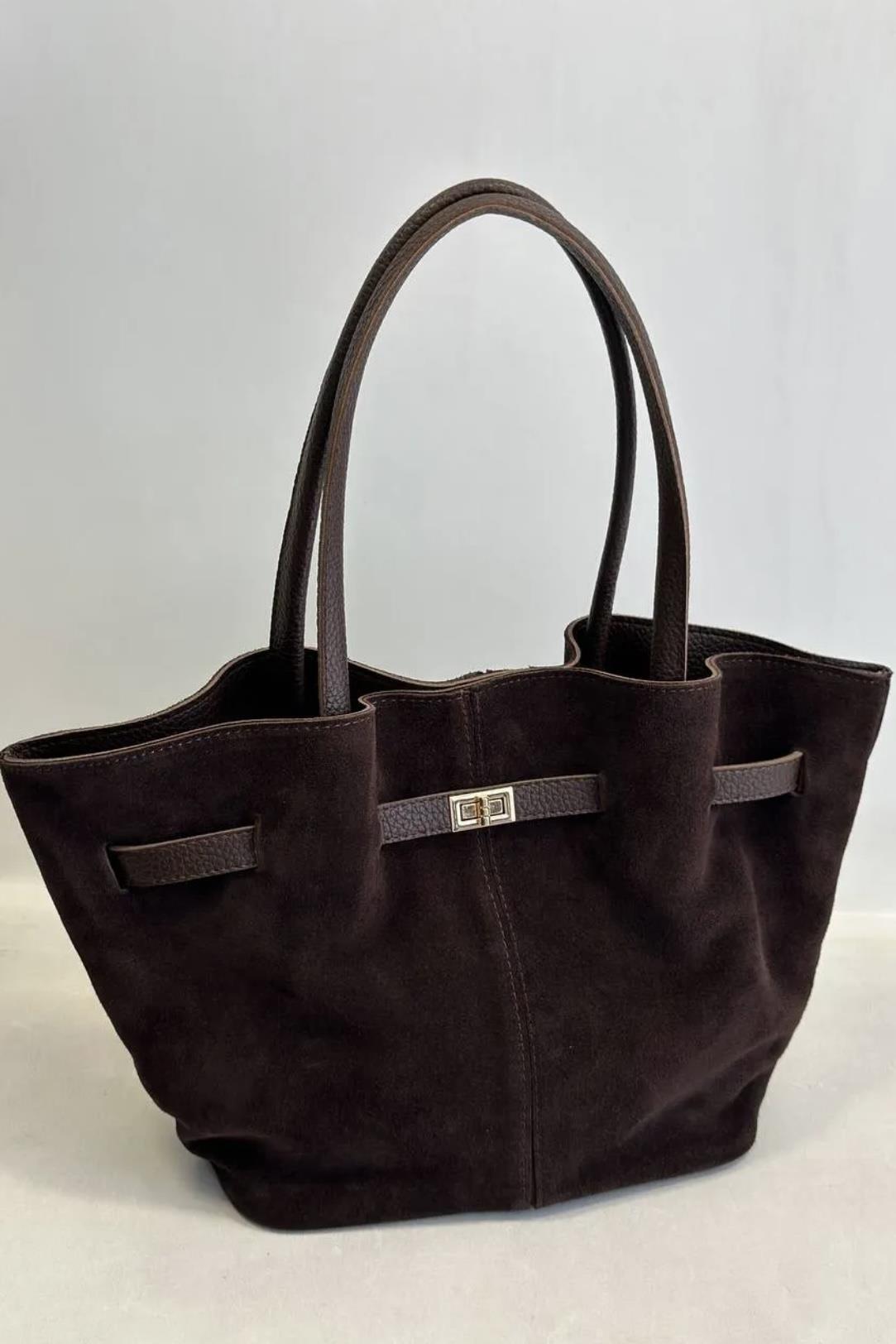 Gerçek Süet Deri Uzun Askili Miknatis Kapamali El ve Omuz Çantasi Kahve