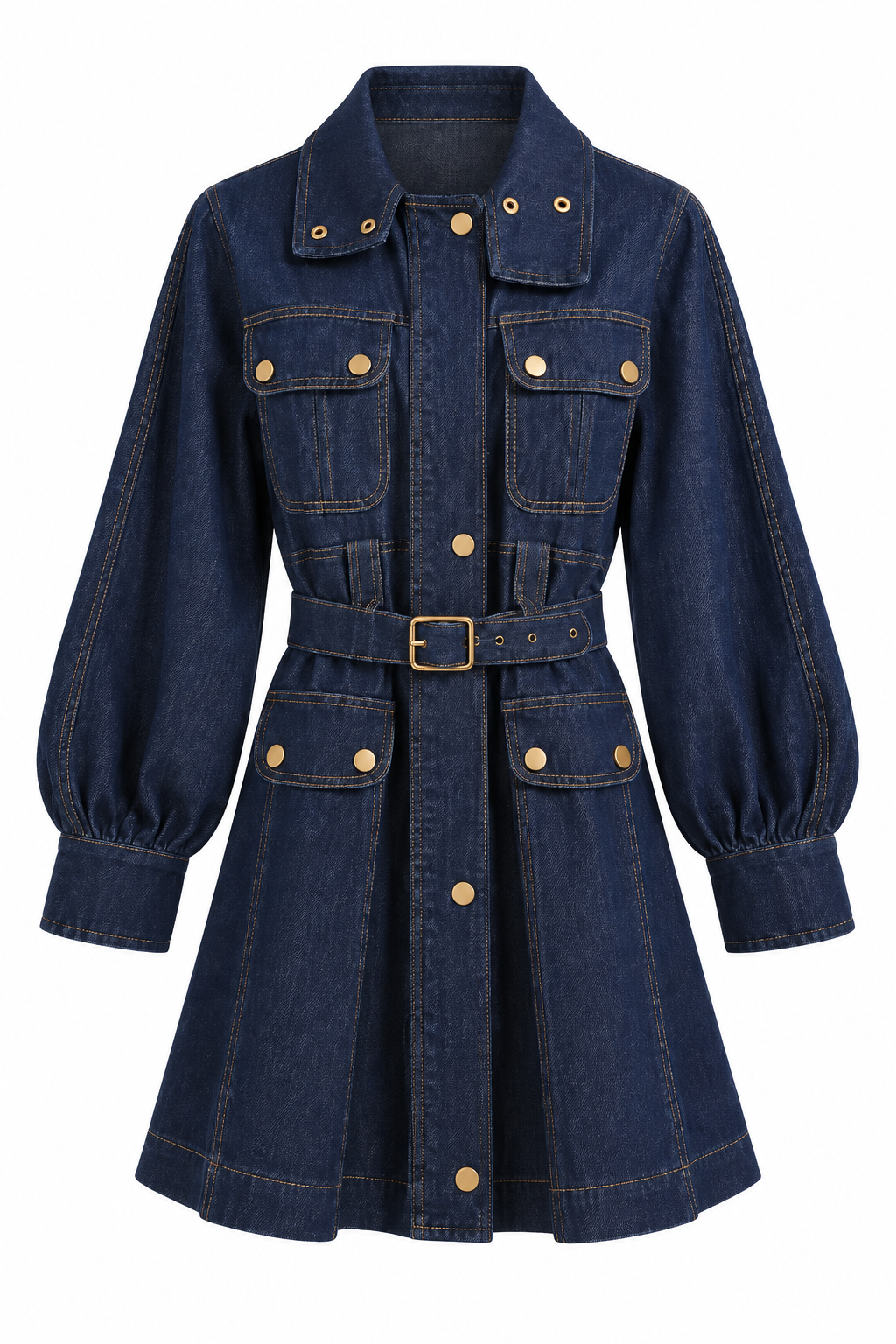 Gold Detaylı Denim Elbise Lacivert