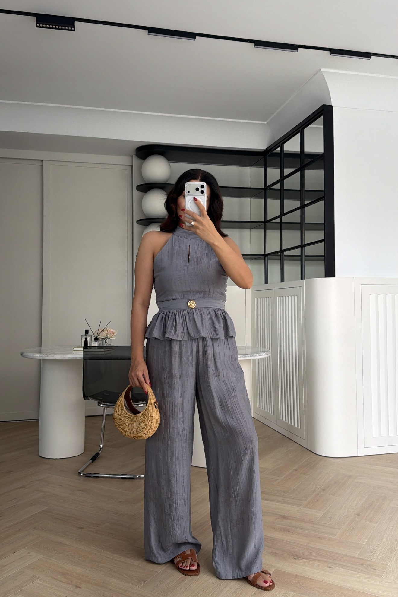 GOLD DÜĞME DETAYLI PEPLUM TAKIM GRİ 