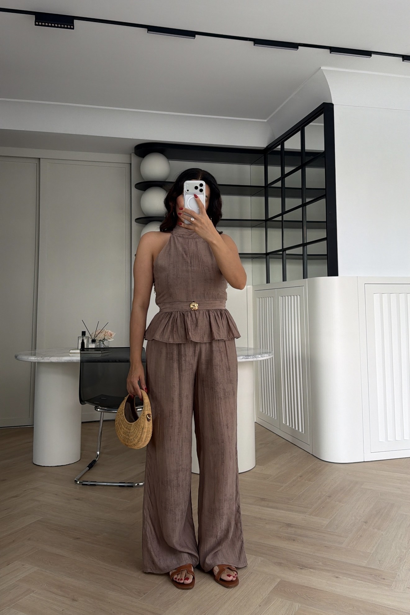 GOLD DÜĞME DETAYLI PEPLUM TAKIM KOYU VİZON 