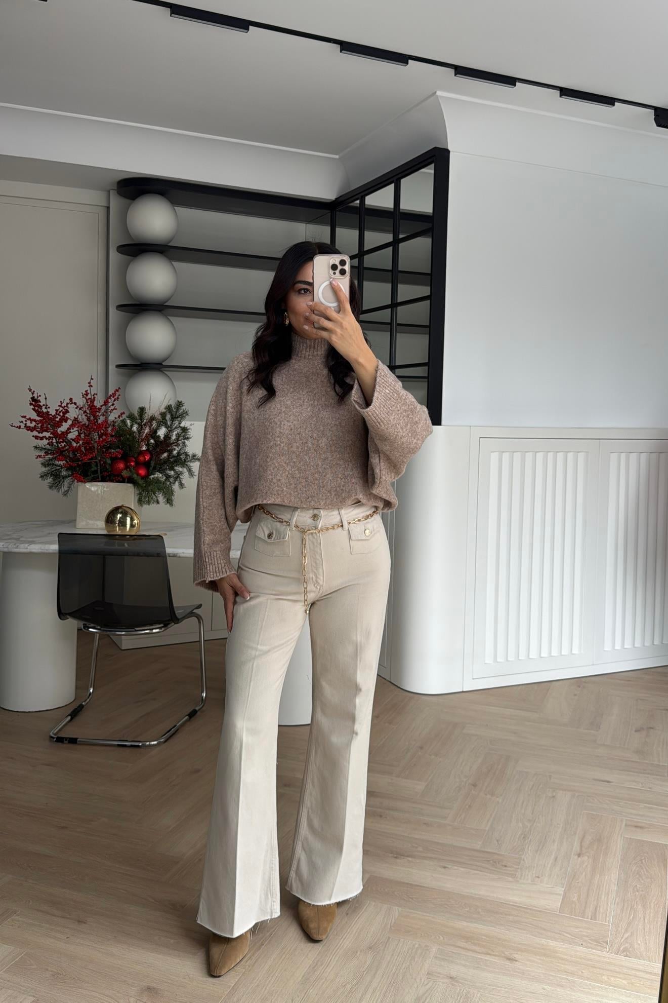 GOLD KEMER DETAYLI WİDE LEG JEAN NATUREL