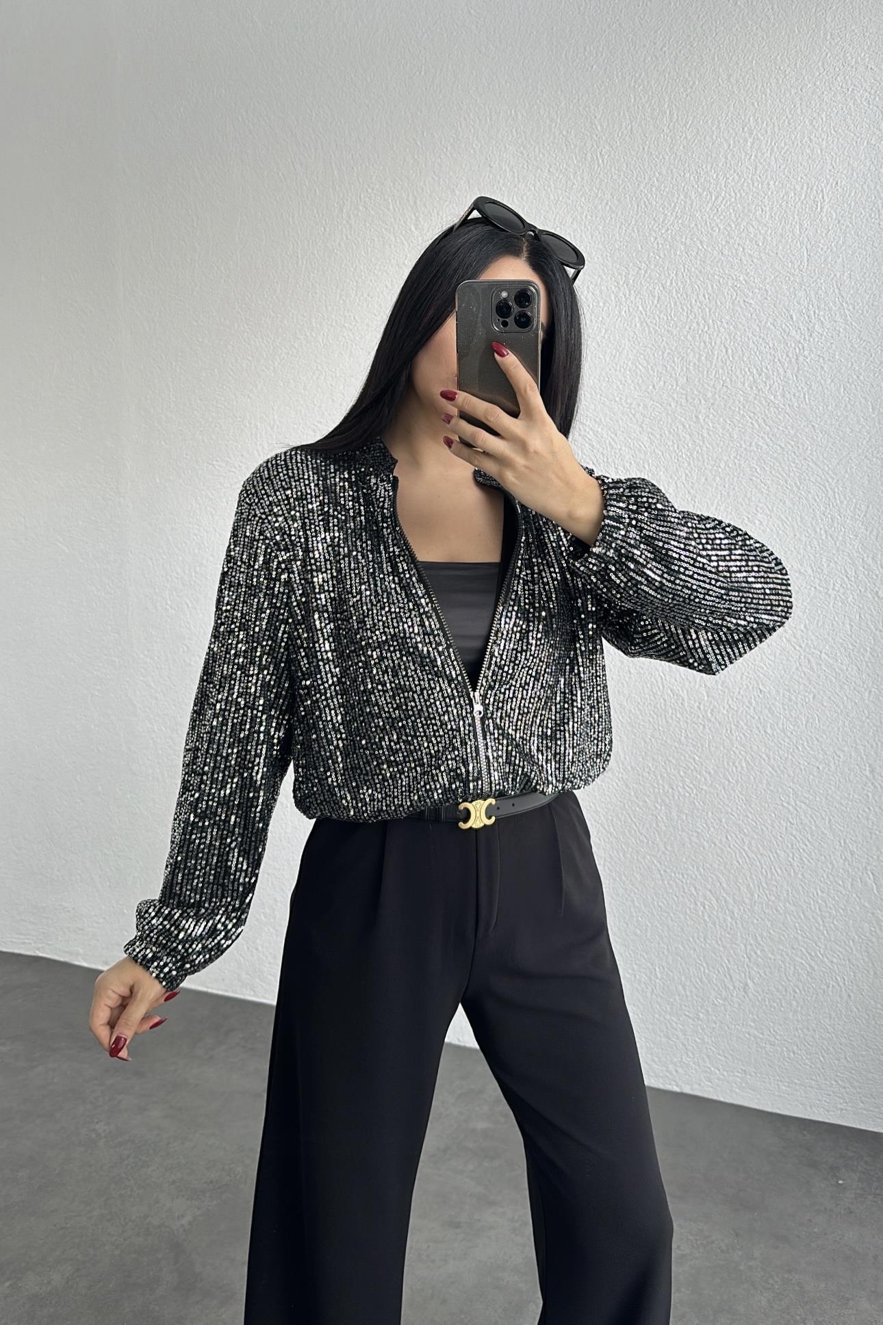 Gri Astarlı Fermuarlı Pul Payet Bomber Ceket 