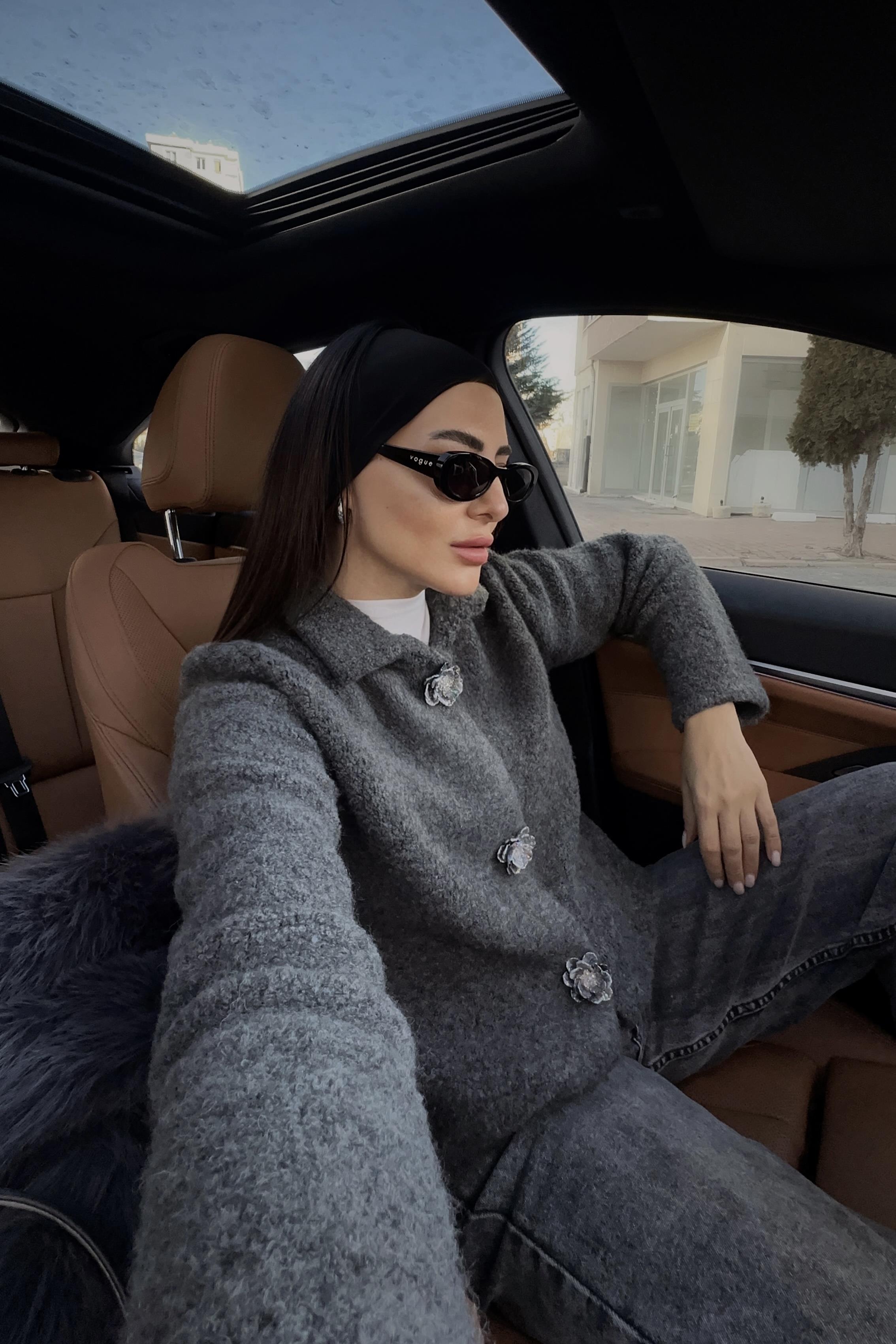 Gri Dilvin Çiçekli Premium Zr Model Hırka