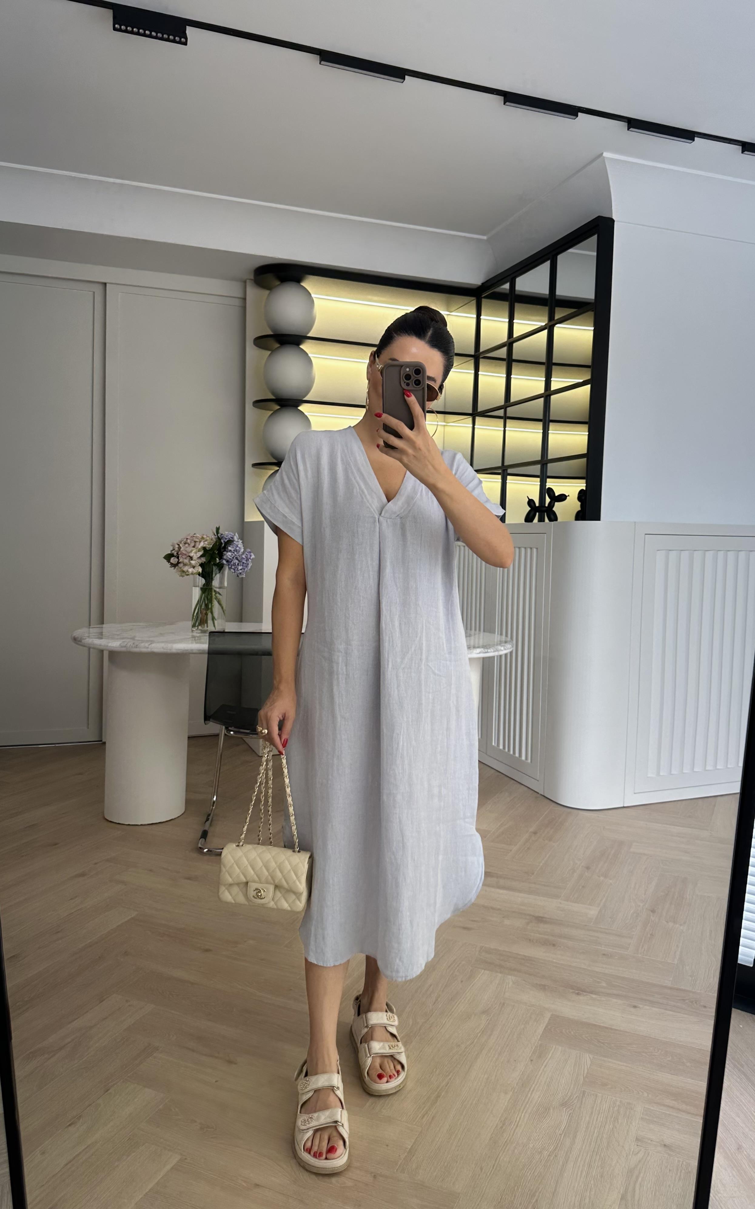 Gri Keten Rahat Kalıp Elbise